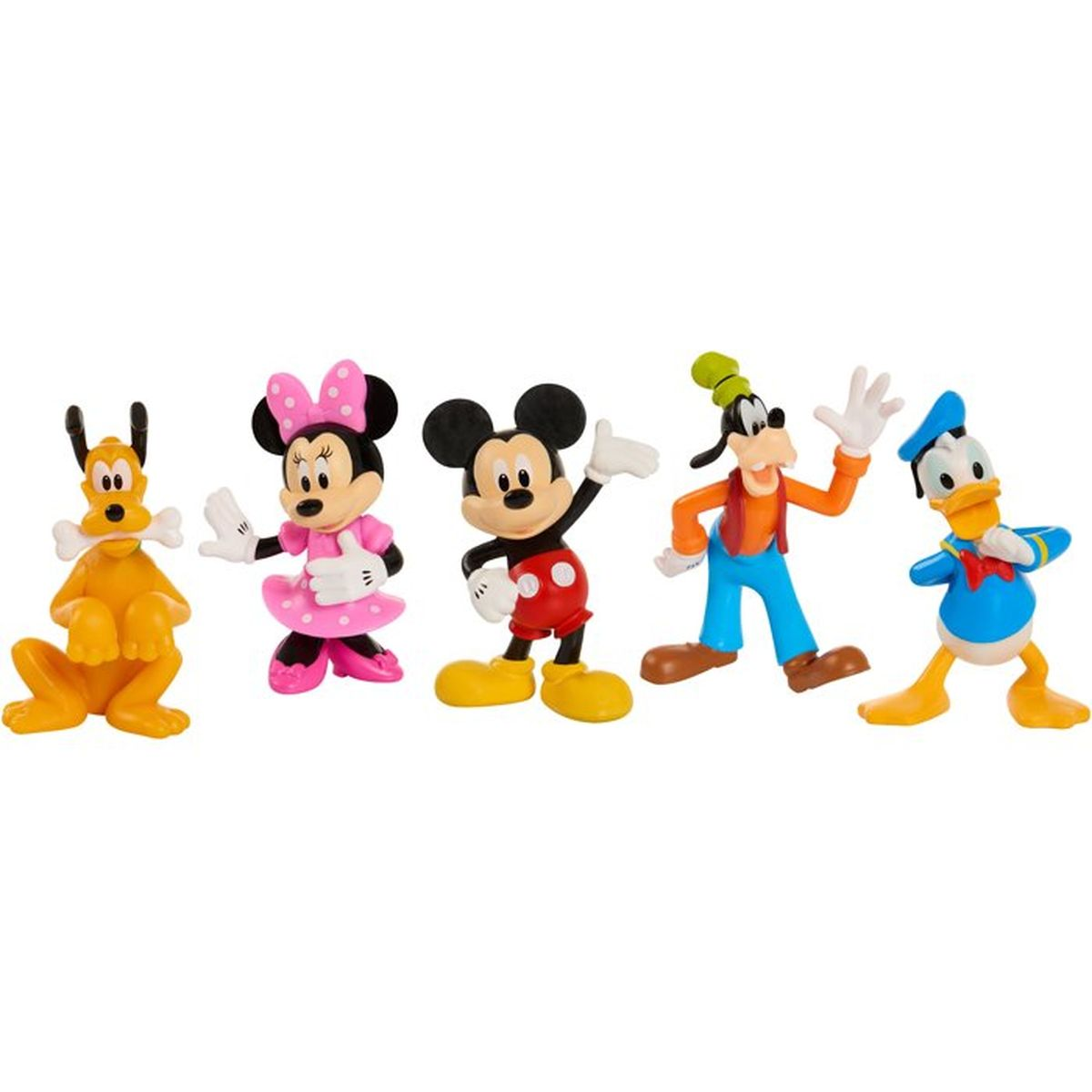 Fünf bunte Disney-Figuren auf weißem Hintergrund: Pluto, Minnie Maus, Micky Maus, Goofy und Donald Duck.