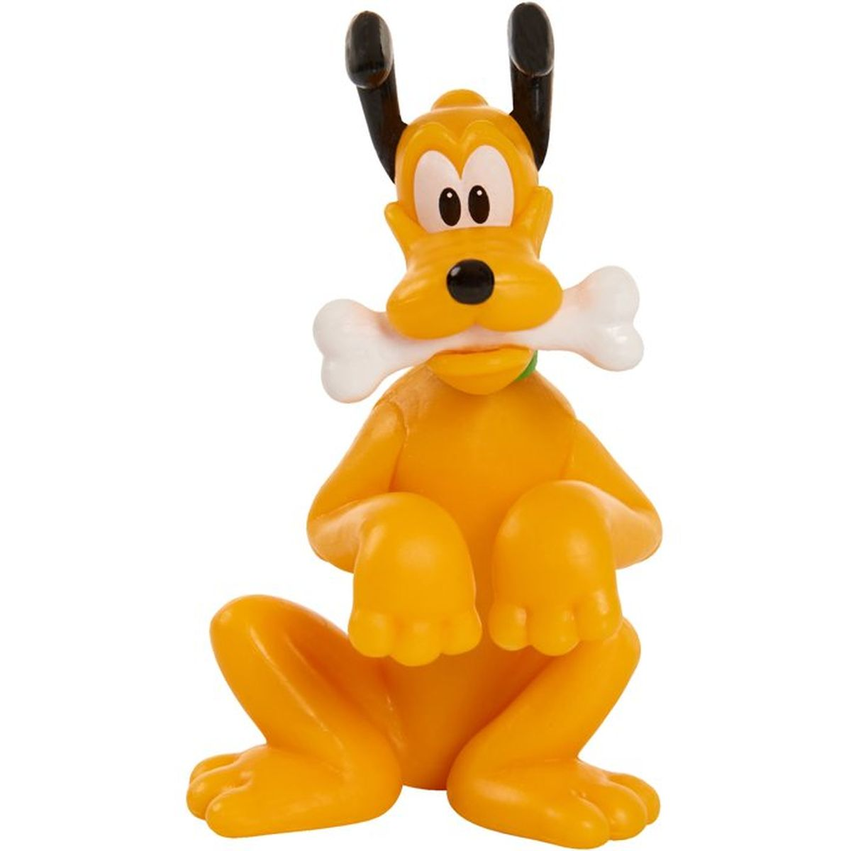 Eine Plastikfigur von Pluto, die mit einem weißen Knochen im Maul vor weißem Hintergrund sitzt.