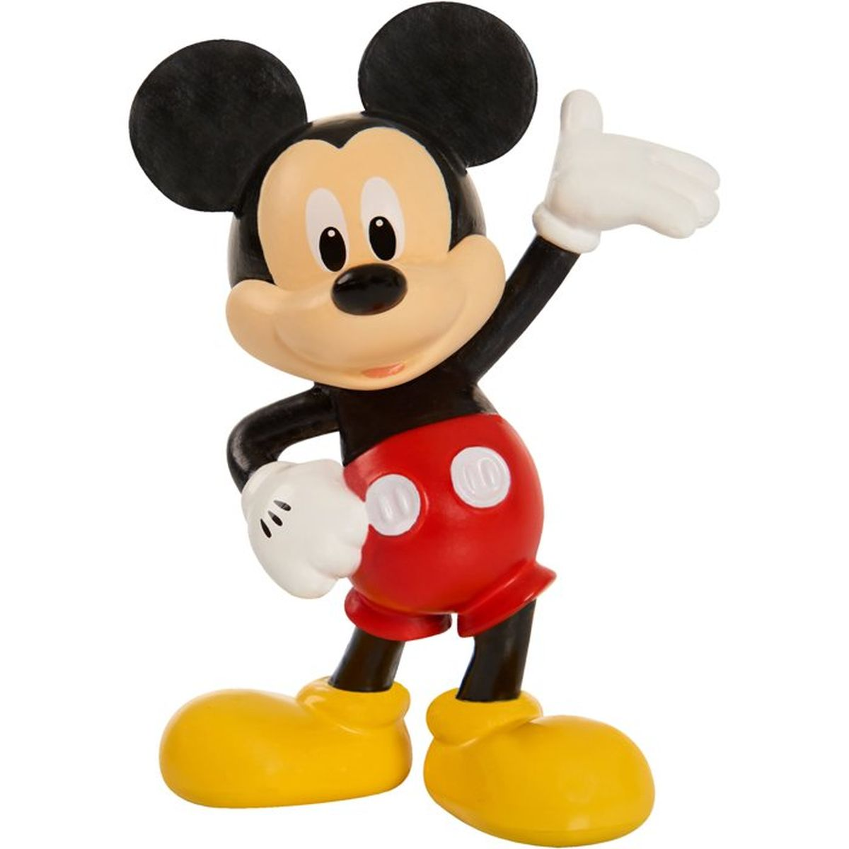 Micky Maus Figur mit roten Shorts und gelben Schuhen winkt.