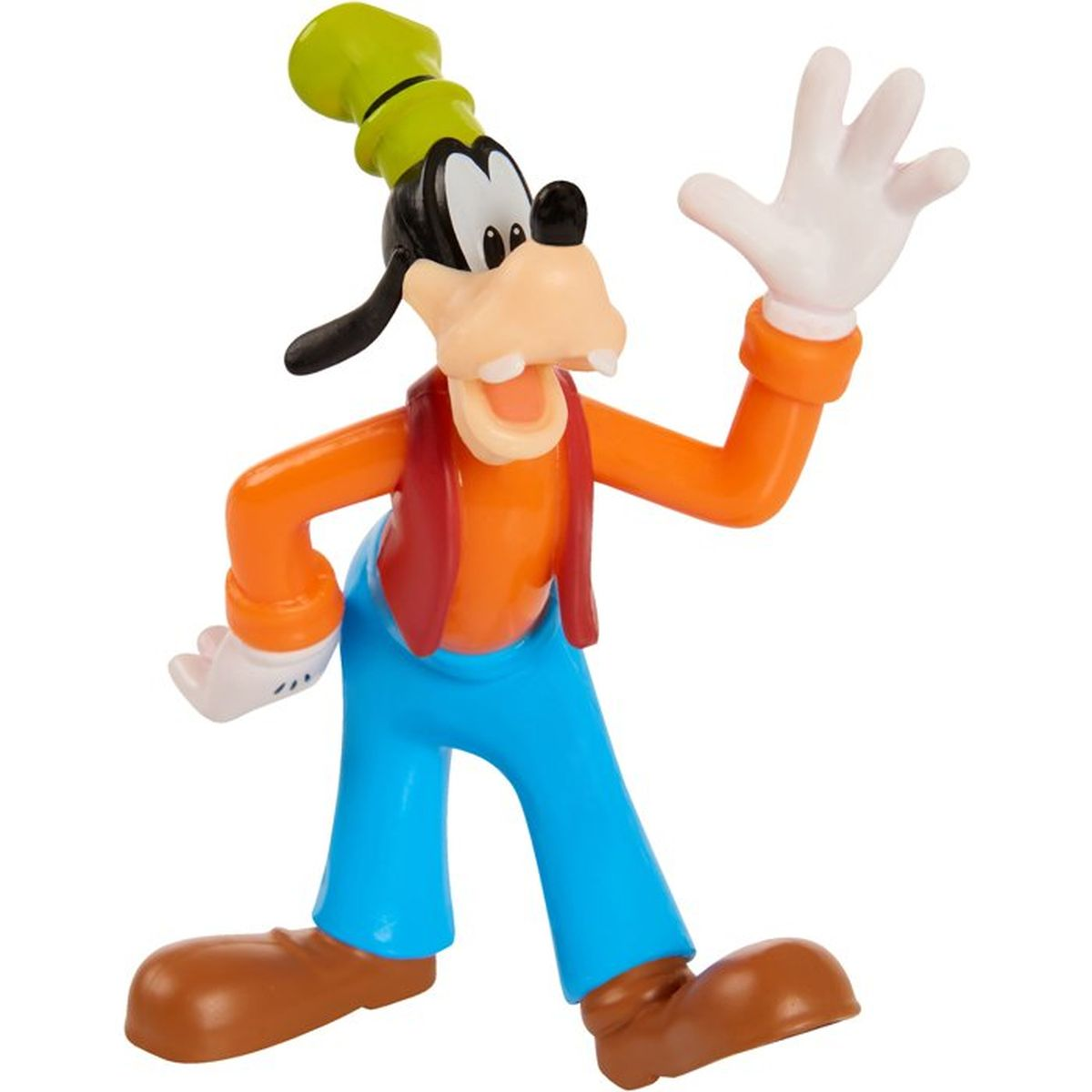Goofy-Figur mit orangefarbenem Shirt, blauer Hose und grünem Hut winkt freundlich vor weißem Hintergrund.