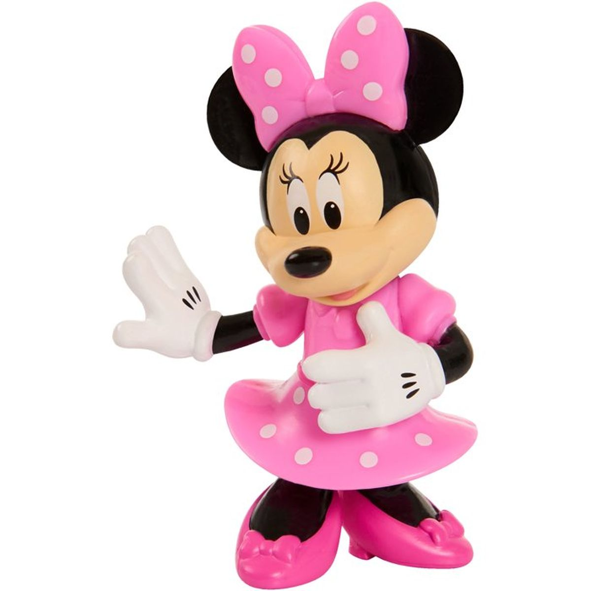 Eine Minnie-Maus-Figur in einem pinken Kleid mit weißen Punkten und passender Schleife winkt.