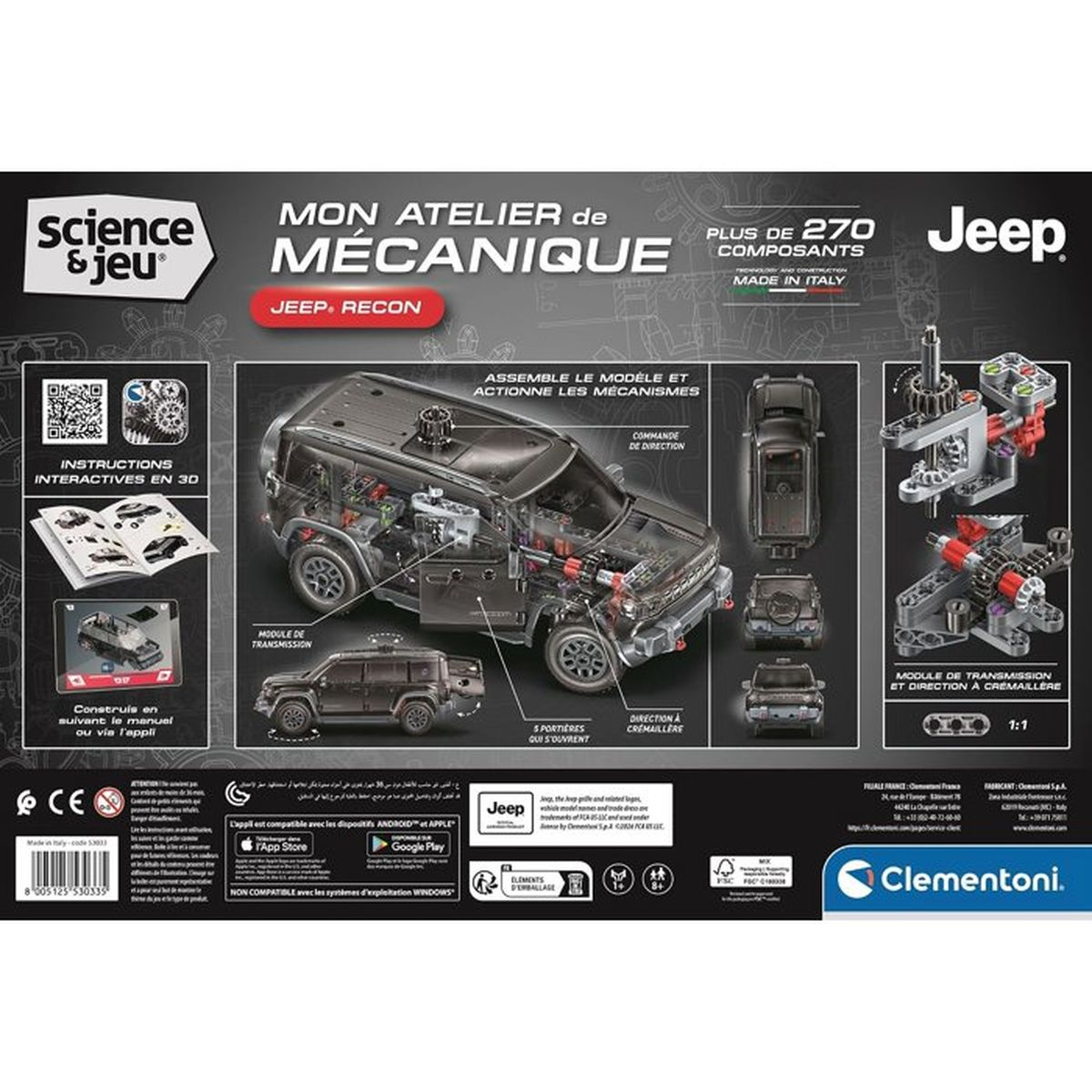 Verpackung der Jeep Mechanik Bausatzbox mit Abbildungen des Modells und Bauteilen.