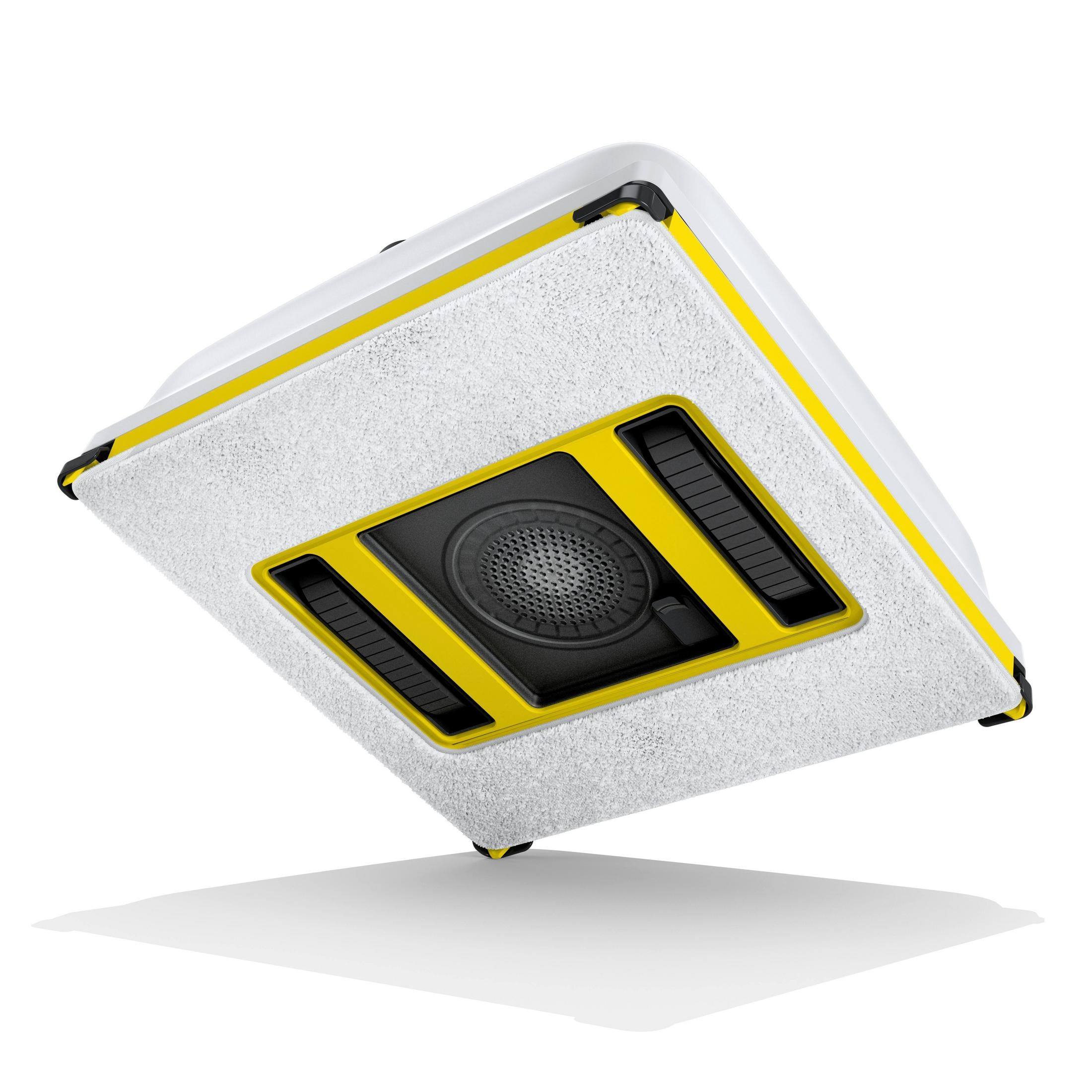 Parte inferiore di un robot pulisci vetri bianco e giallo con panno bianco e centro nero.