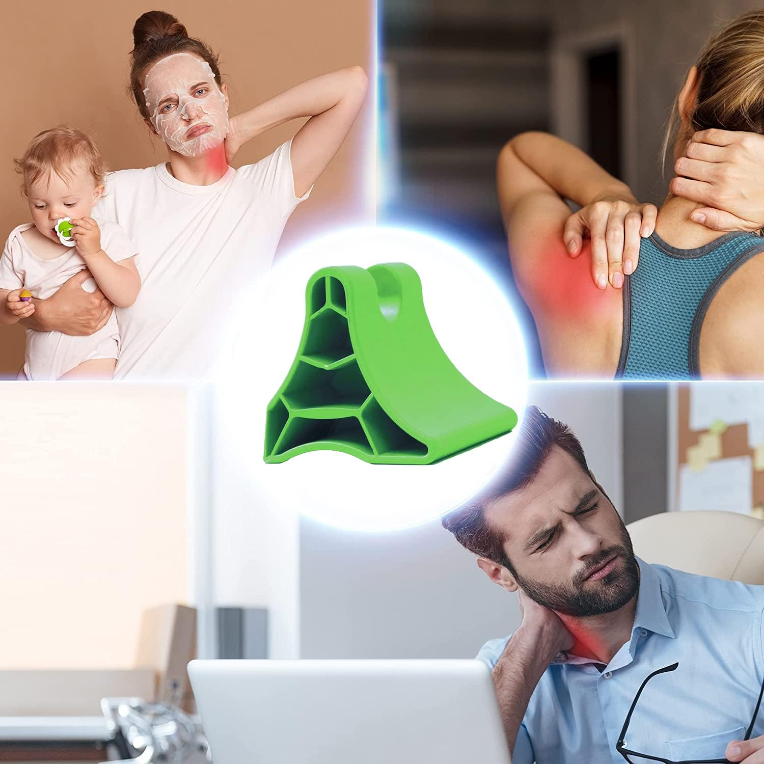 Ein grünes Massagetool in der Mitte und Menschen mit Nackenschmerzen rundherum.