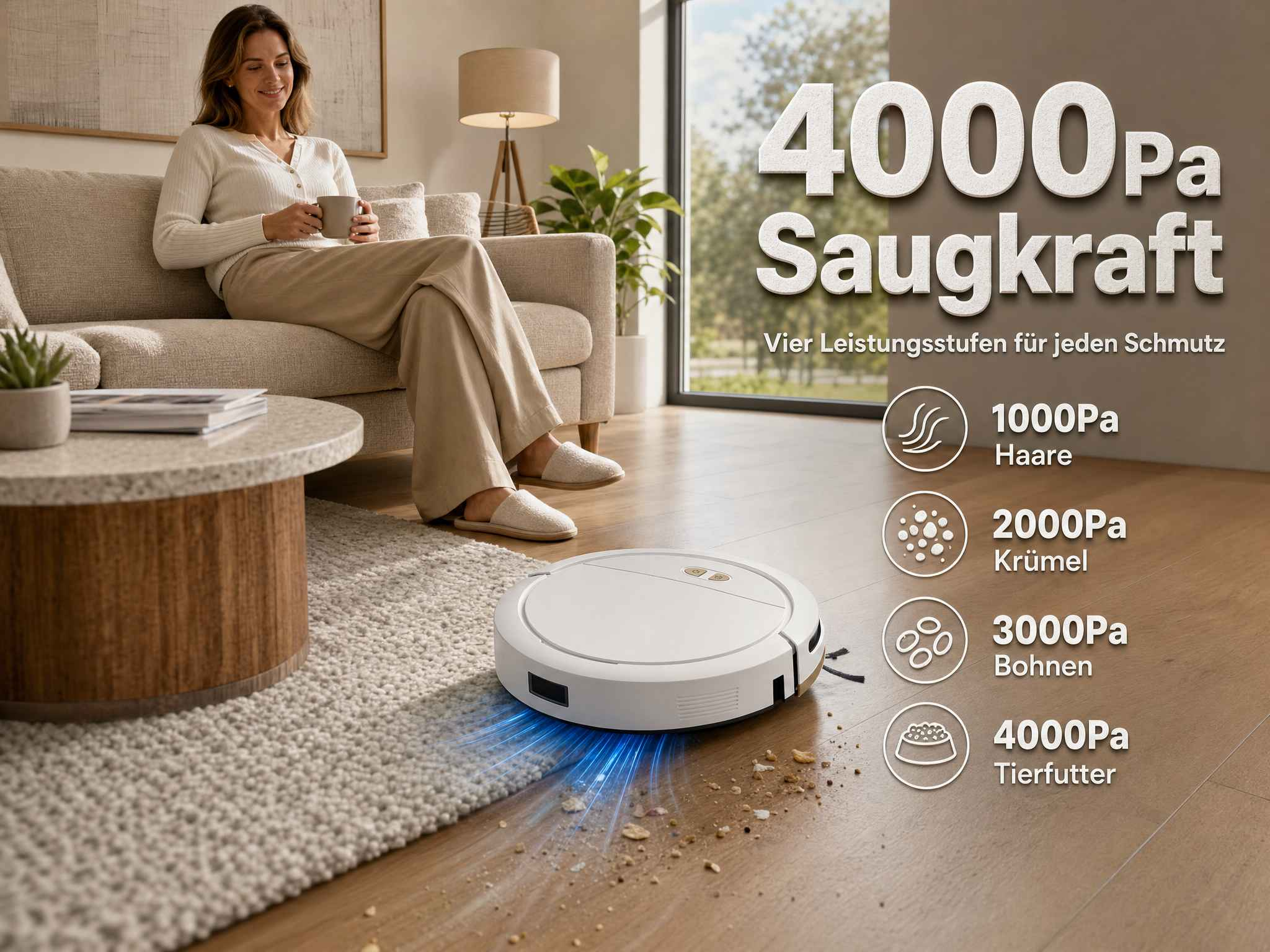 Ein Saugroboter reinigt den Boden, während eine Frau entspannt auf dem Sofa sitzt.