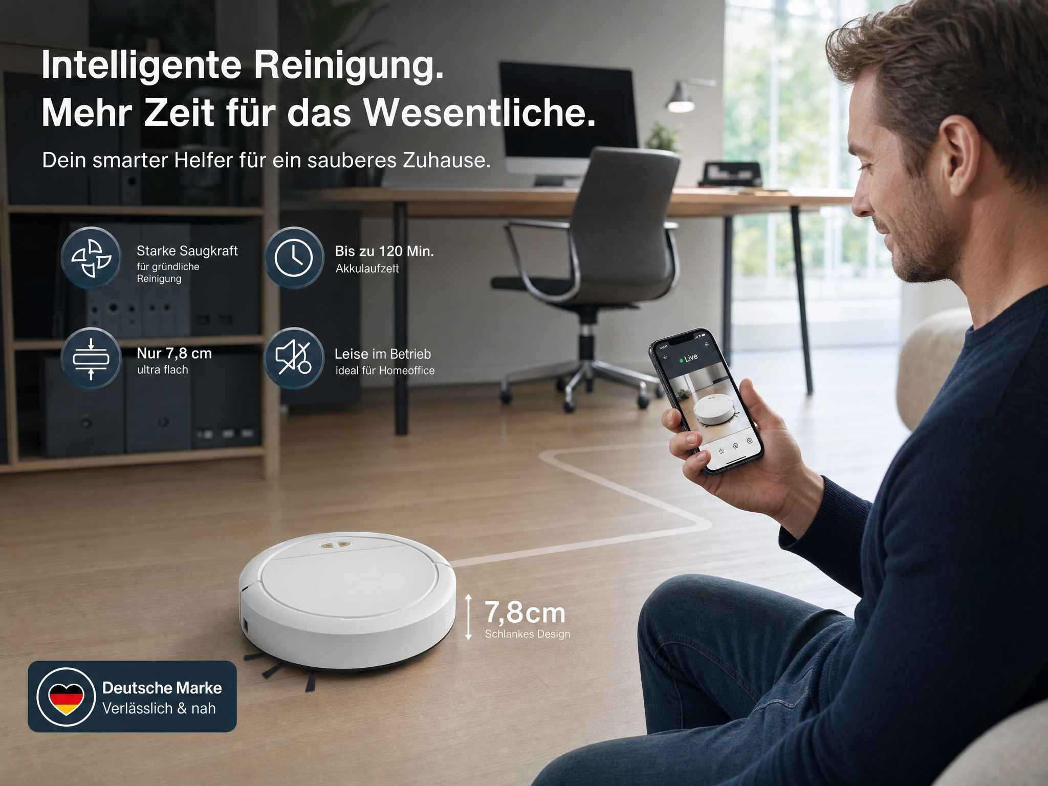 Ein Mann steuert einen weißen Saugroboter per Smartphone in einem modernen Wohnzimmer mit Büro.
