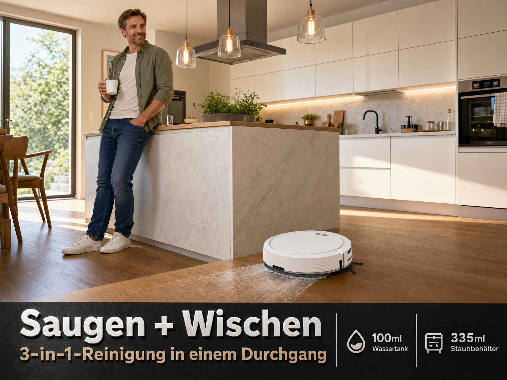 Ein Saugroboter wischt den Holzboden in einer modernen Küche, während ein Mann mit Tasse zuschaut.