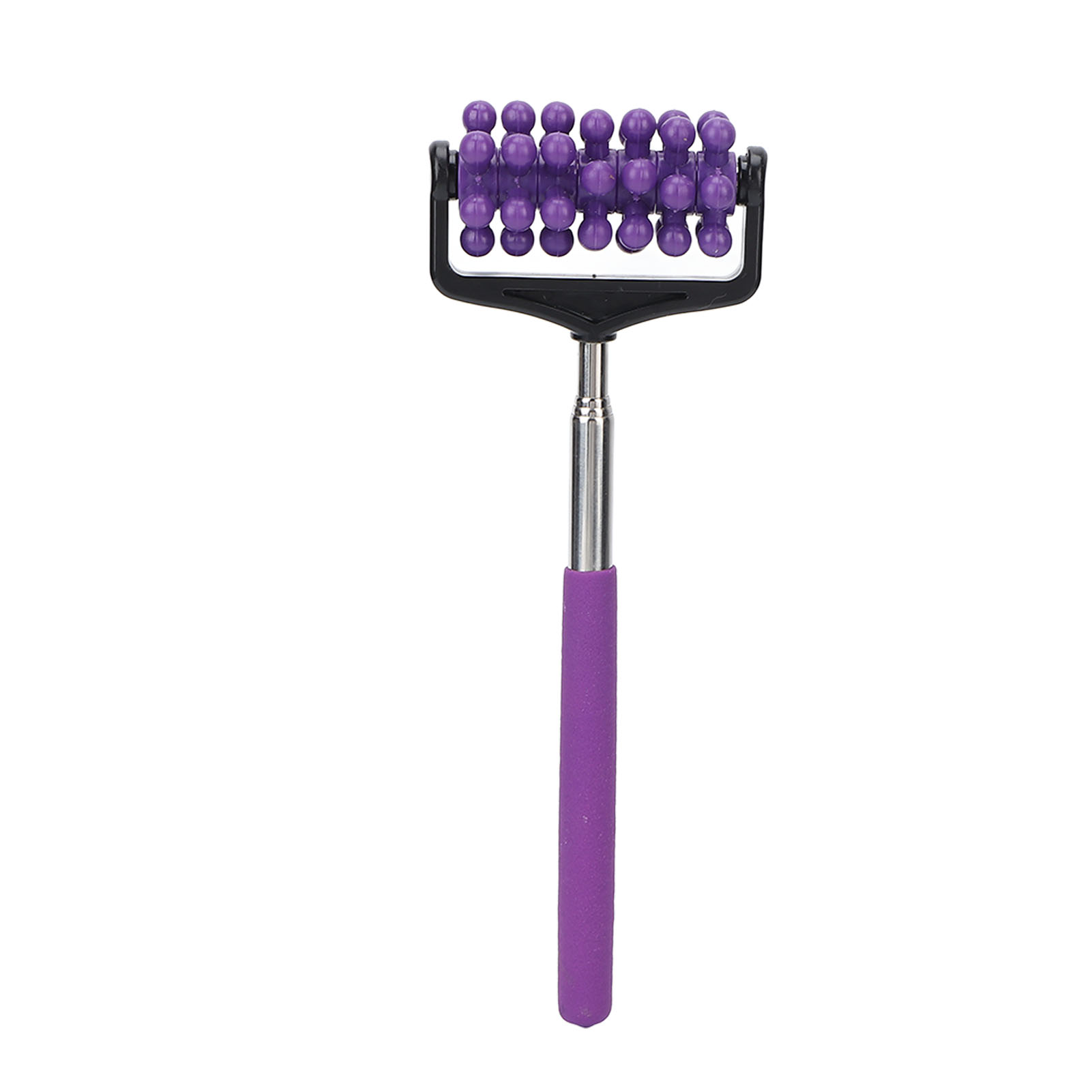 Lila Handmassagegerät mit genoppten Rollen, Metallstange und lila Griff auf weißem Hintergrund.