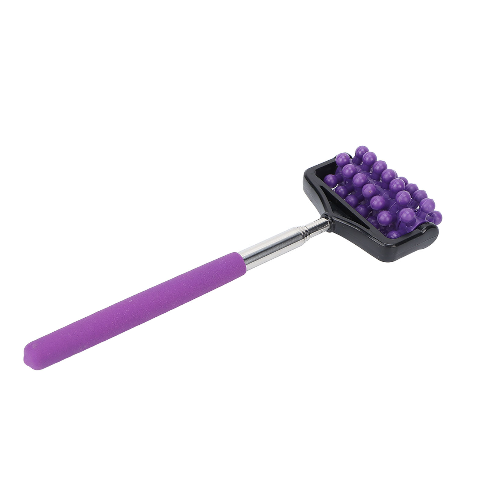 Massagegerät mit violettem Griff, Teleskopstiel und Kopf mit violetten Noppen.