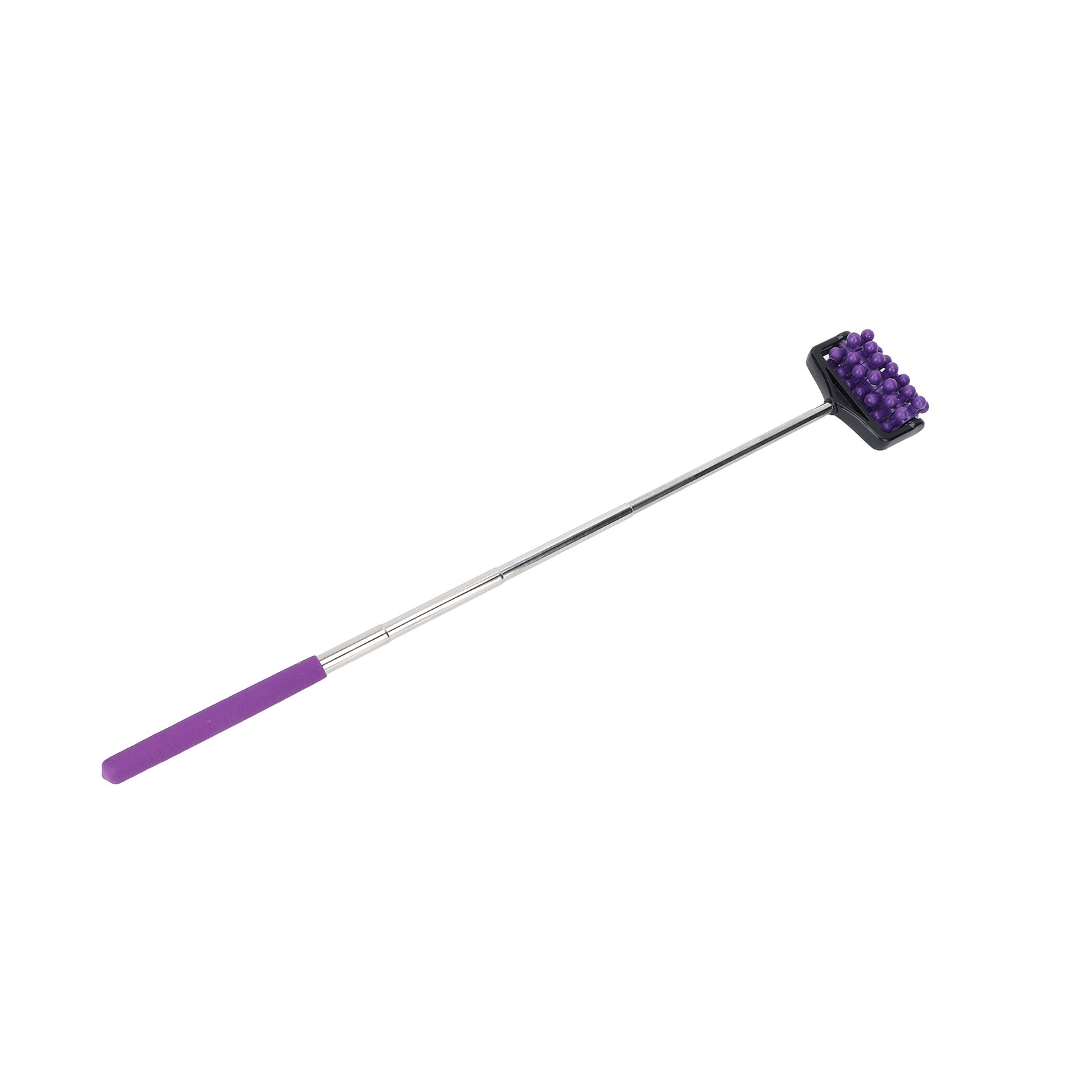 Ein teleskopischer Rückenkratzer mit violettem Griff und violettem Massagekopf vor weißem Hintergrund.
