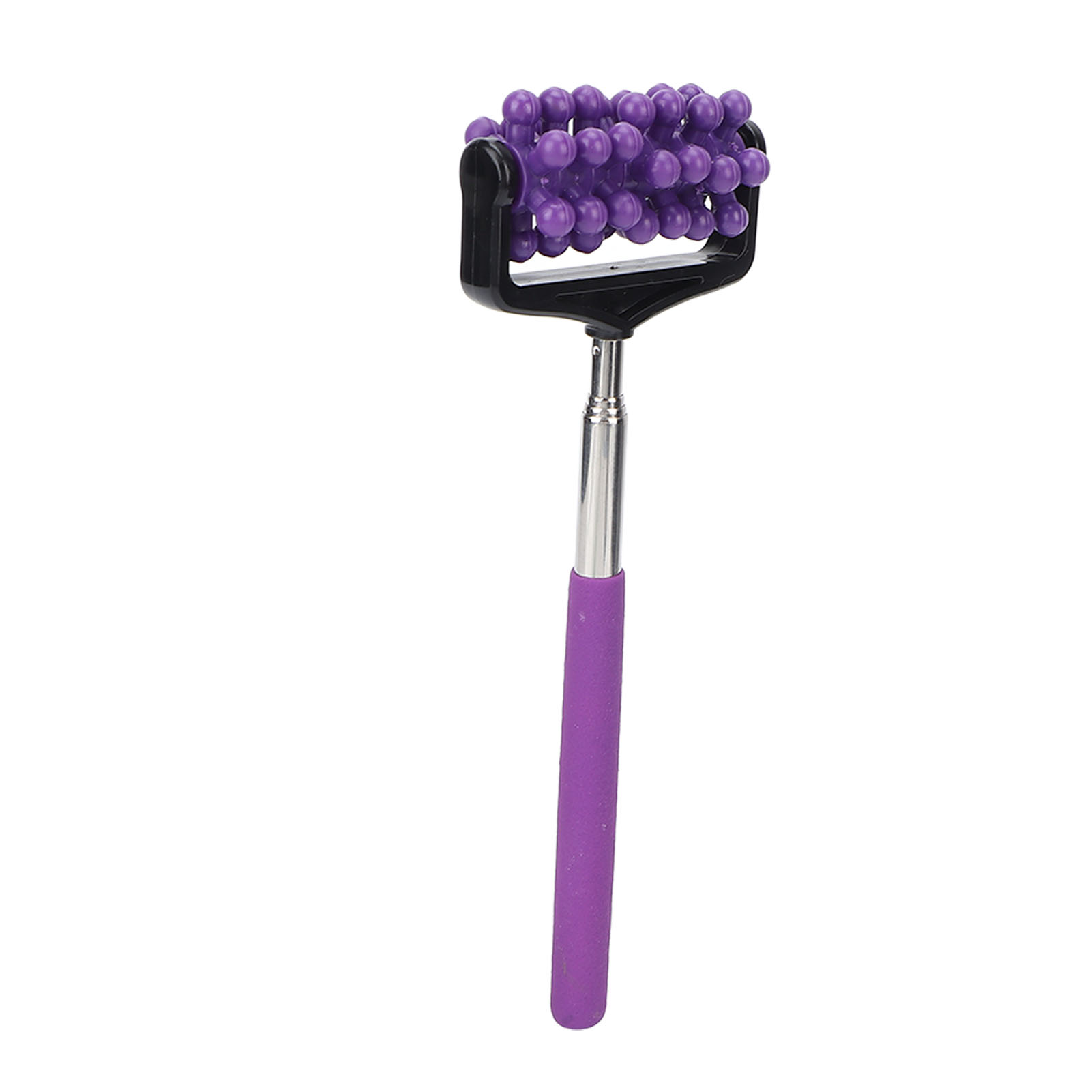 Ein violett-schwarzer Massage-Handroller mit Noppen auf weissem Hintergrund.