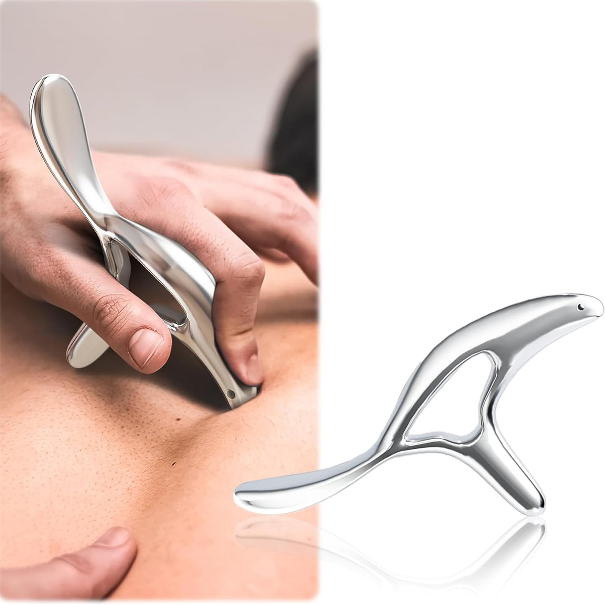 Ein silbernes Massageinstrument wird von einer Hand auf den Rücken einer Person gedrückt.