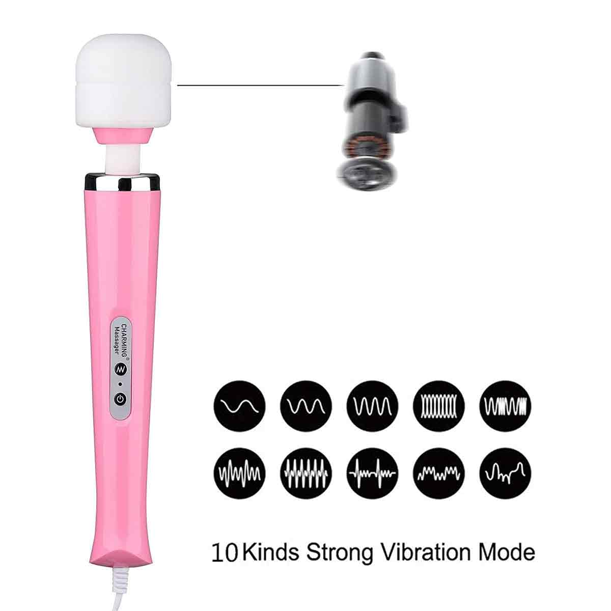 Rosa-weißer Zauberstab-Massagegerät mit zehn Vibrationsmodi als Icons auf weißem Hintergrund.