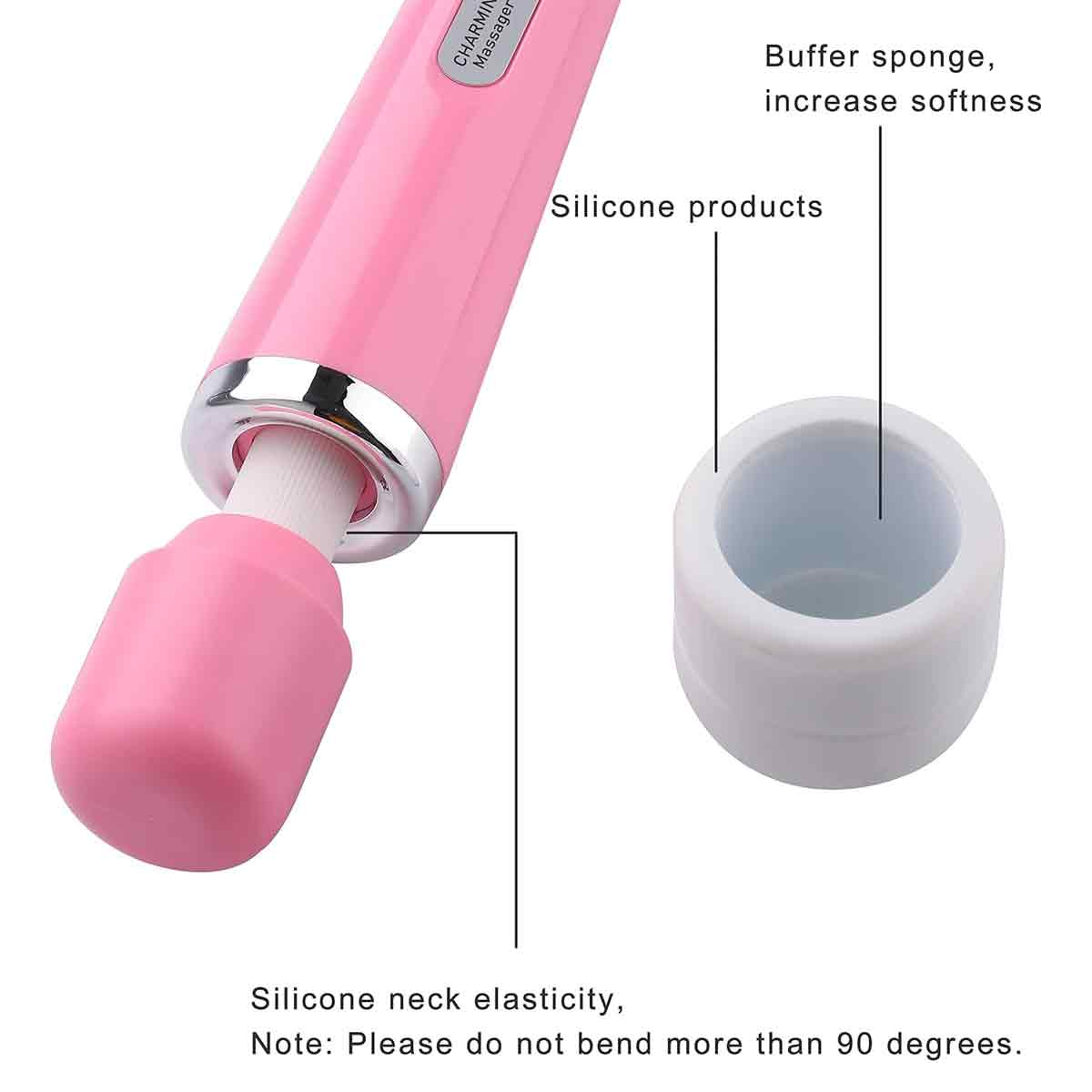 Diagramm zeigt einen rosa Massager mit Silikonteilen und einem separaten Pufferschwamm.