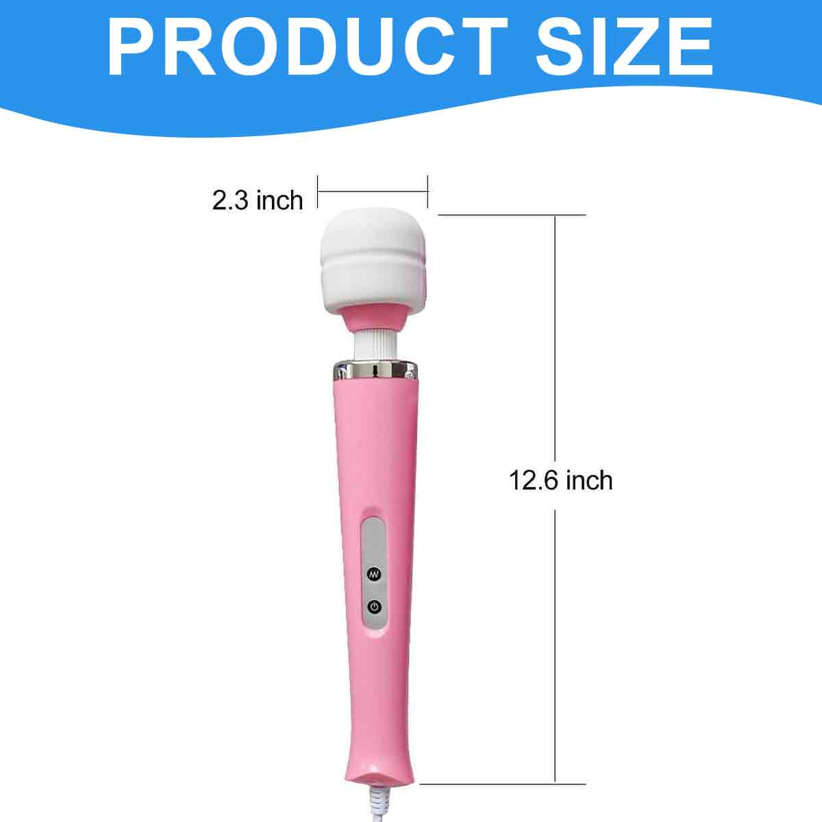 Diagramm zeigt die Produktgröße mit 12,6 Zoll Höhe und 2,3 Zoll Kopfbreite für ein pinkes Massagegerät.