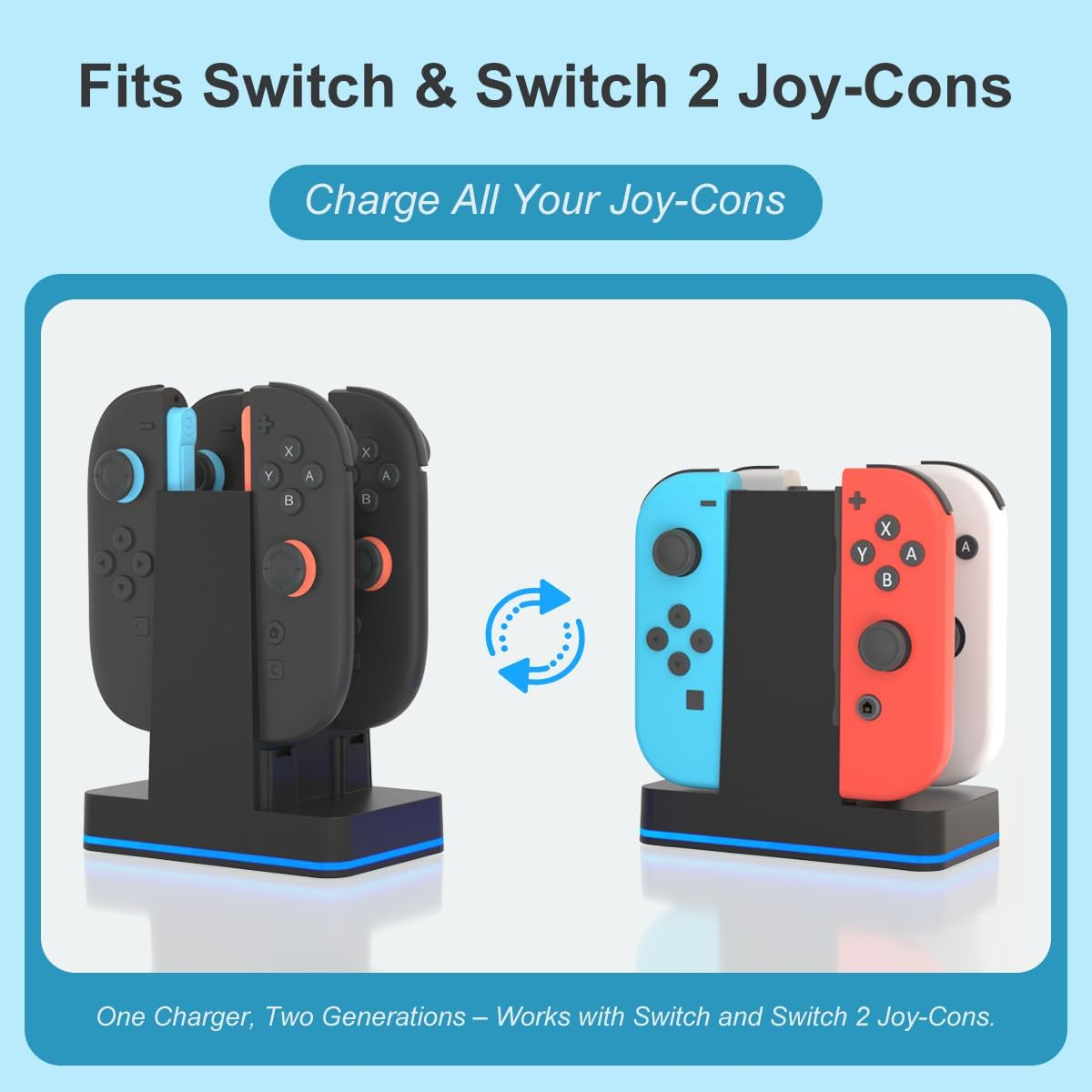 Eine schwarze Ladestation mit Switch- und Switch 2-Joy-Cons in Blau, Rot und Weiß auf hellem Hintergrund.