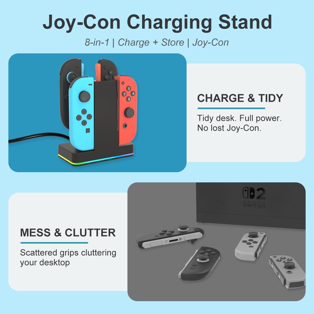 Joy-Con Ladestation mit Switch-Controllern und Textvergleichen zu Unordnung.
