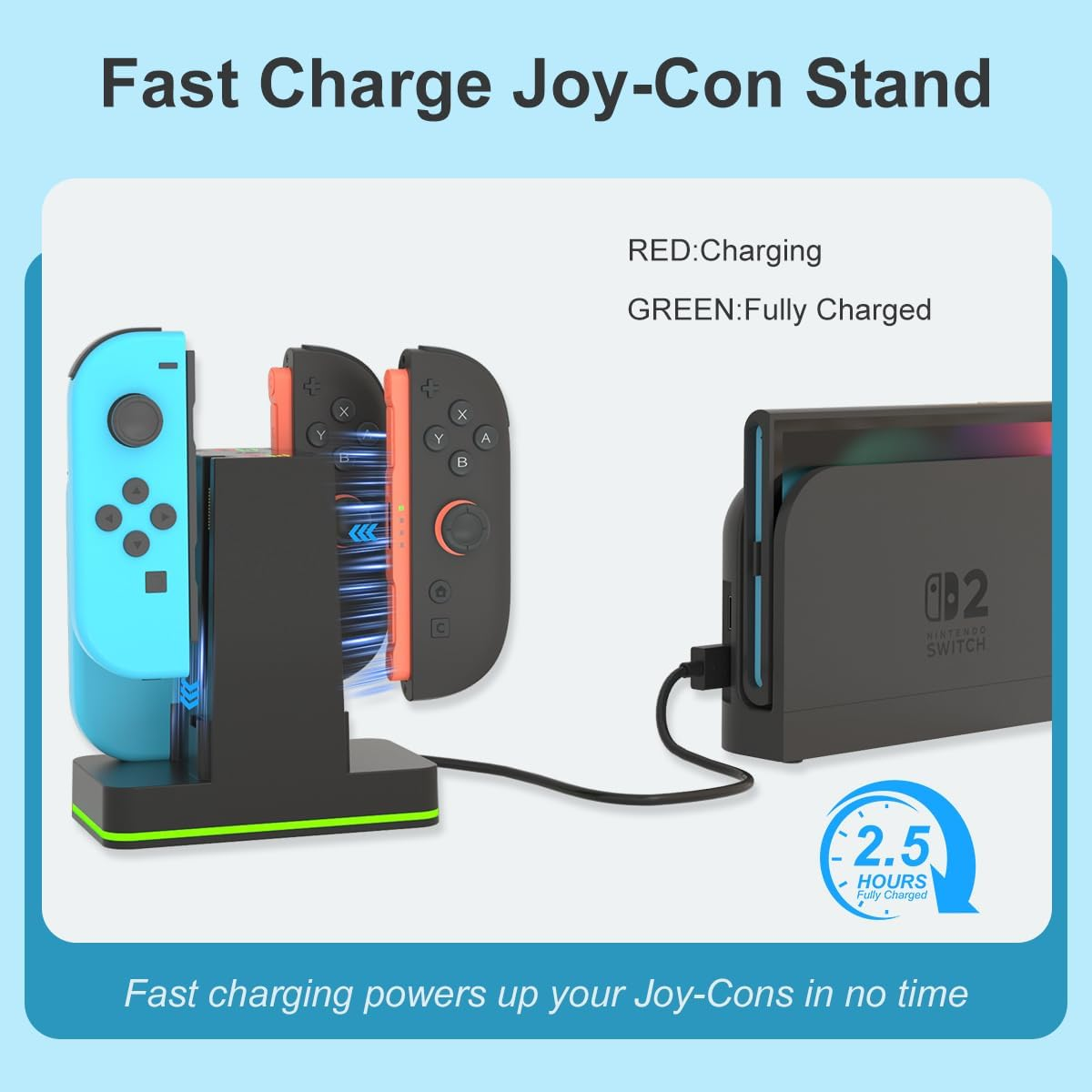 Schnellladestation für Joy-Cons mit farbigen Ladeanzeigen und einer Ladezeit von 2,5 Stunden.