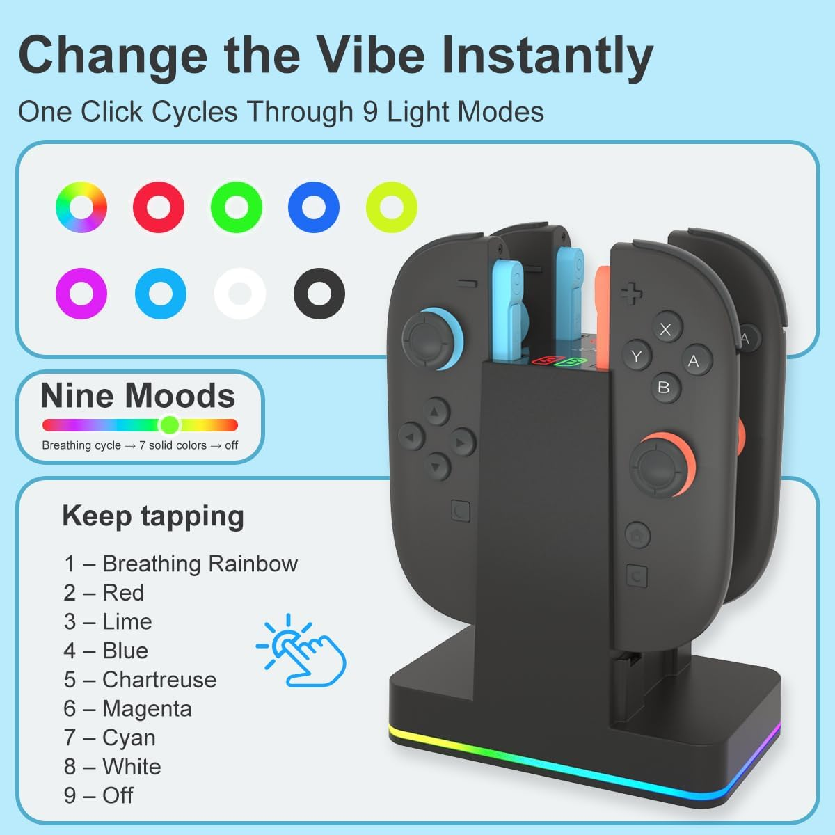 Schwarze Controller-Ladestation mit bunten Lichtmodus-Optionen neben Text.