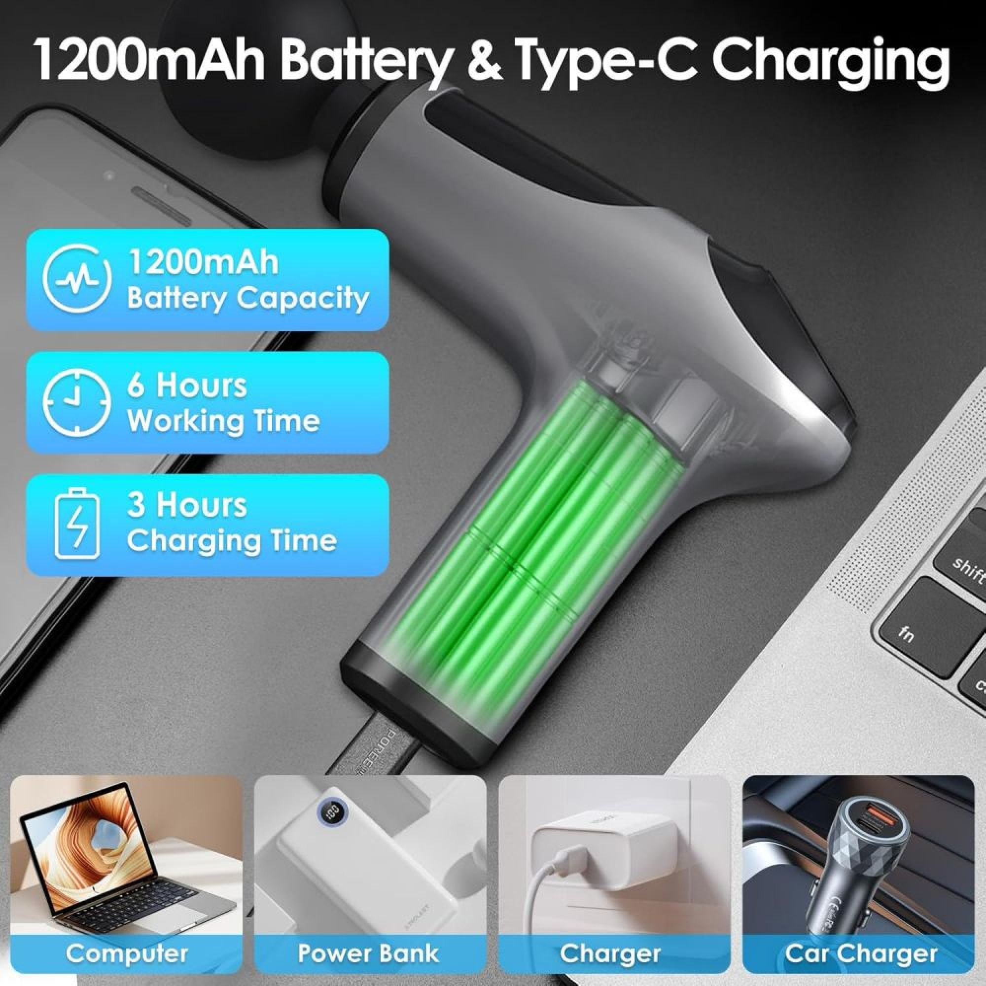 Eine graue Massagepistole mit leuchtend grünen internen Batterien und vier blauen Symbolen.