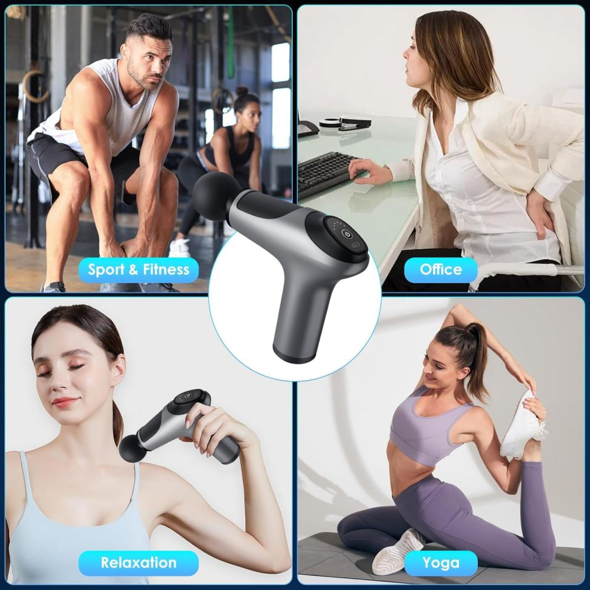 Collage zeigt eine Massagepistole im Zentrum mit vier Anwendungsszenarien: Sport, Büro, Entspannung und Yoga.