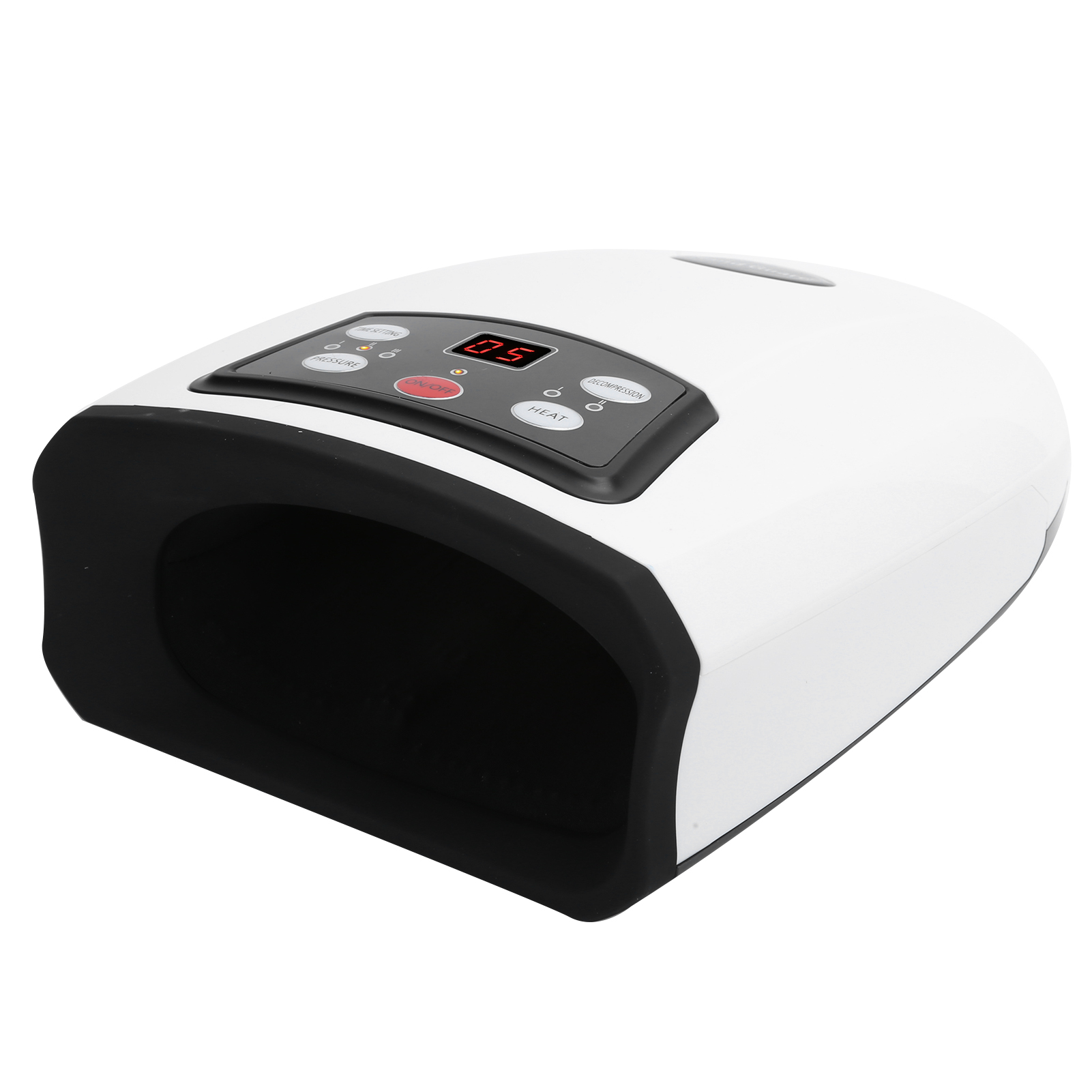 Ein weiß-schwarzes Handmassagegerät mit digitalem Display und Bedienfeld auf der Oberseite vor weißem Hintergrund.