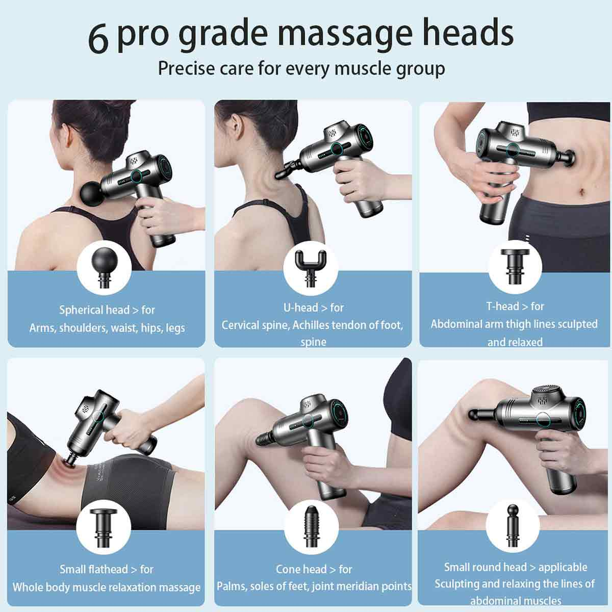 Sechs Bilder zeigen Massagepistolen mit verschiedenen Aufsätzen für unterschiedliche Muskelgruppen.
