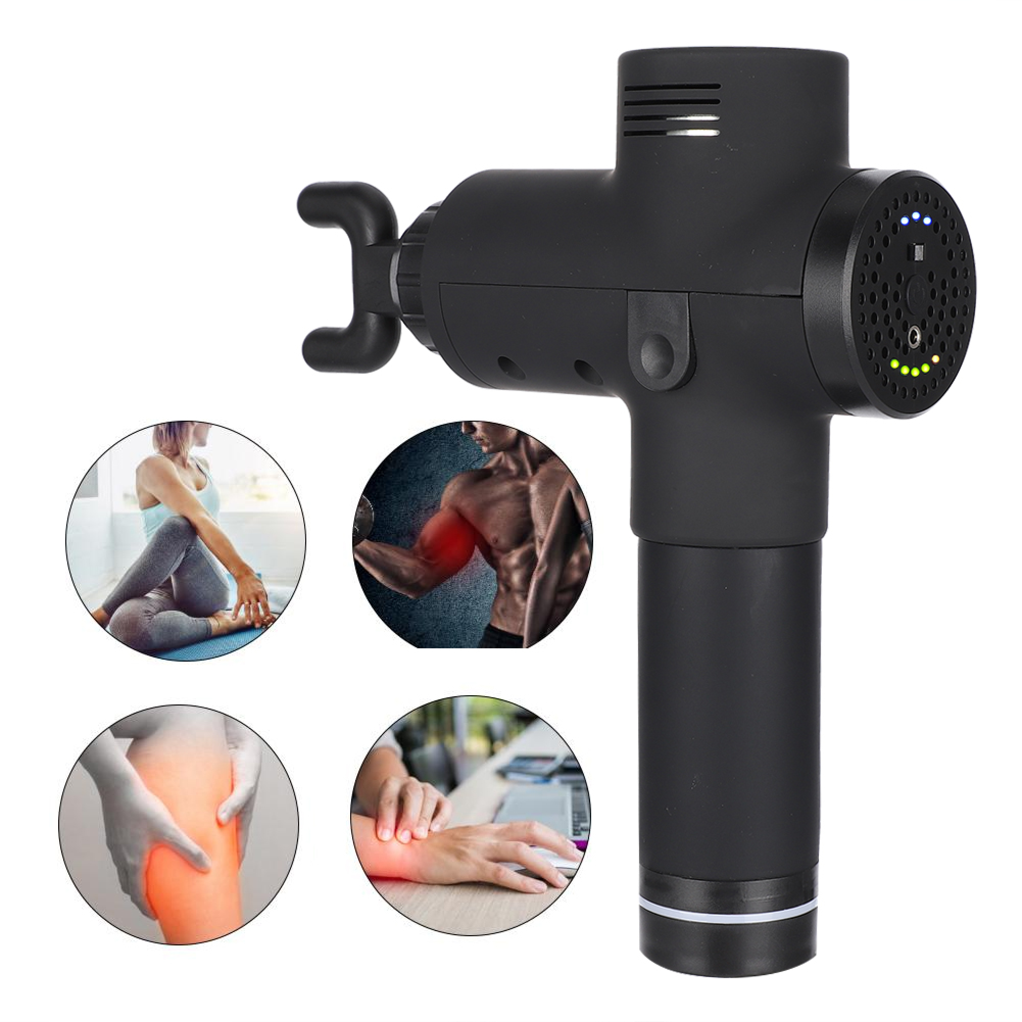 Eine schwarze Massagepistole mit verschiedenen Aufsätzen und vier runden Bildern, die Anwendungsbereiche am Körper zeigen.