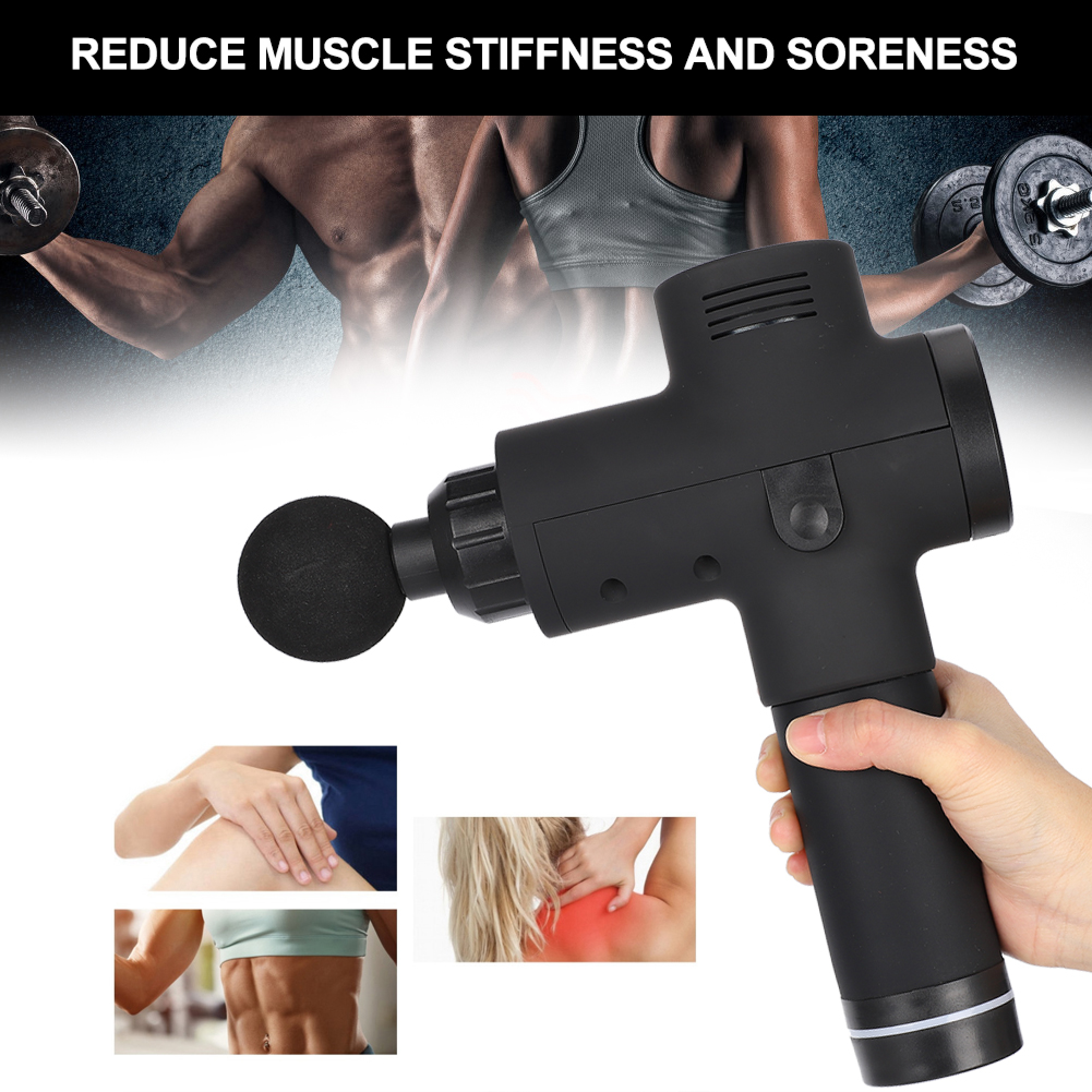 Eine Hand hält eine schwarze Massagepistole vor einem Fitness-Hintergrund mit Insets von Muskelmassagen.