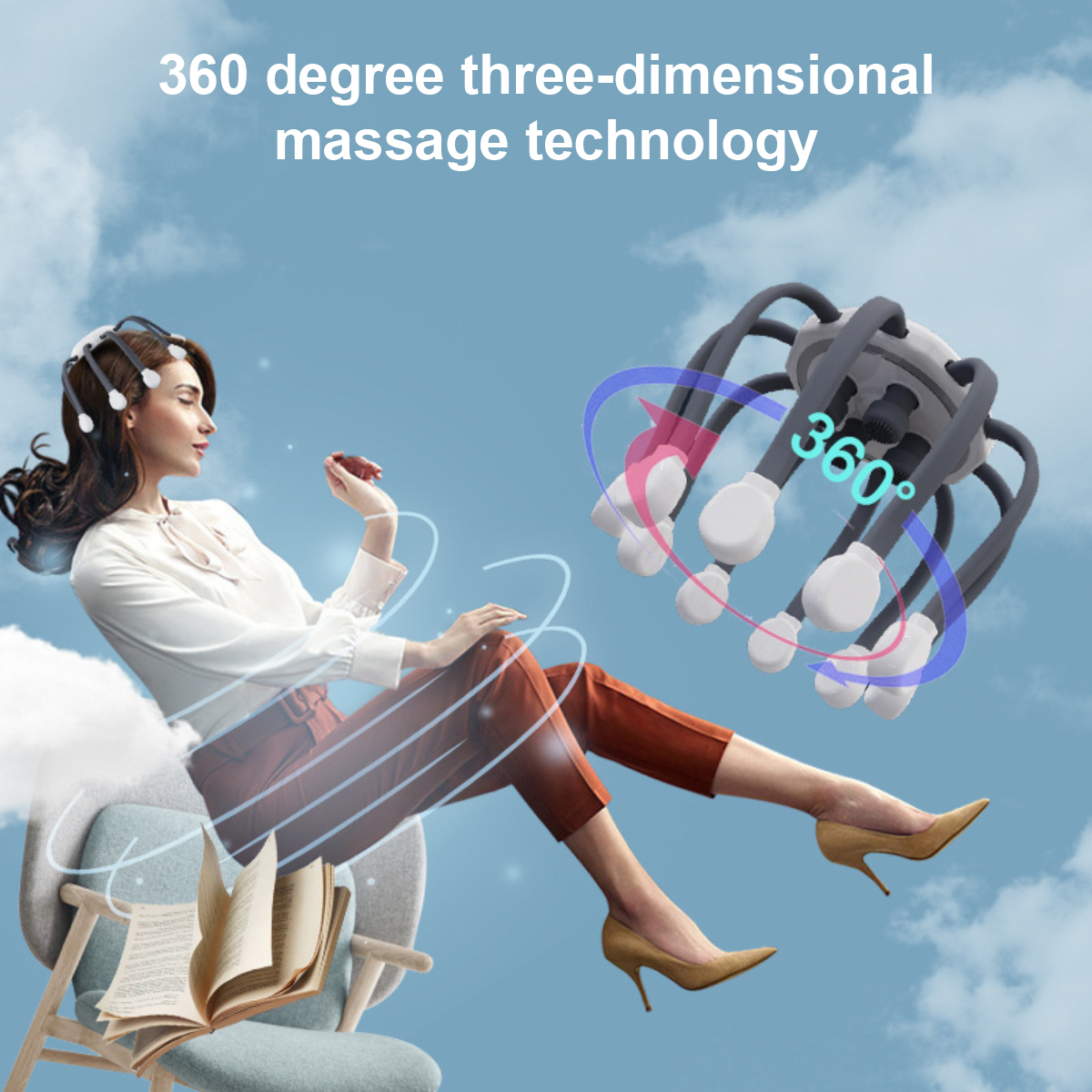 Eine Frau sitzt auf einem Stuhl mit Kopfmassagegerät vor blauem Himmel mit 360-Grad-Grafik.