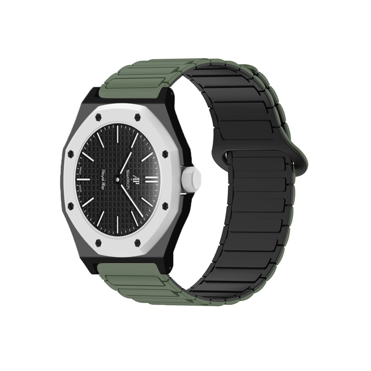 Eine schwarze und weiße Uhr mit grünem Gliederarmband vor weißem Hintergrund.