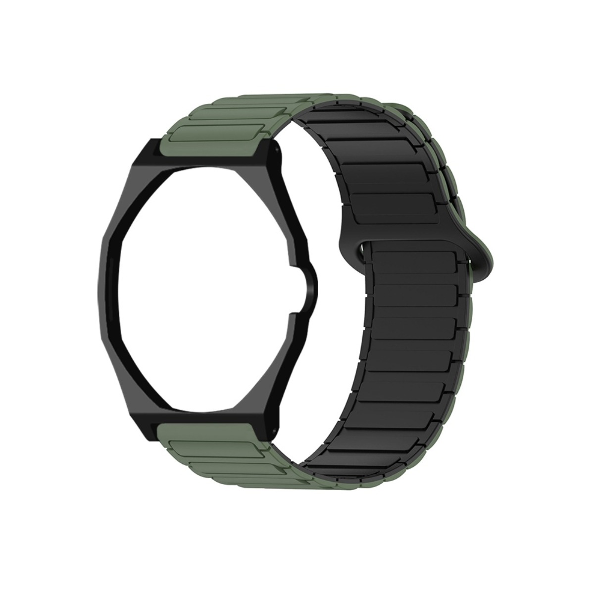 Eine grüne und schwarze Armbanduhr-Hülle mit integriertem, geripptem Gliederarmband vor weißem Hintergrund.