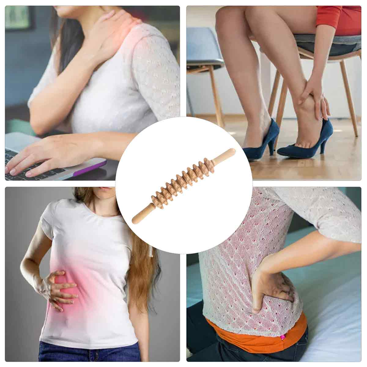 Ein Holzmassage-Rollen für die Füße, umgeben von vier Bildern von Personen mit Schmerzen in Schultern, Füßen, Bauch und Rücken.