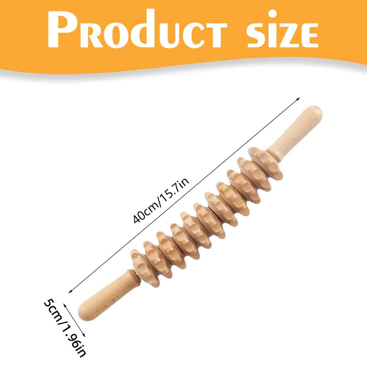 Holzmassagegerät mit 40 cm Länge und 5 cm Durchmesser, isoliert auf weißem Hintergrund.
