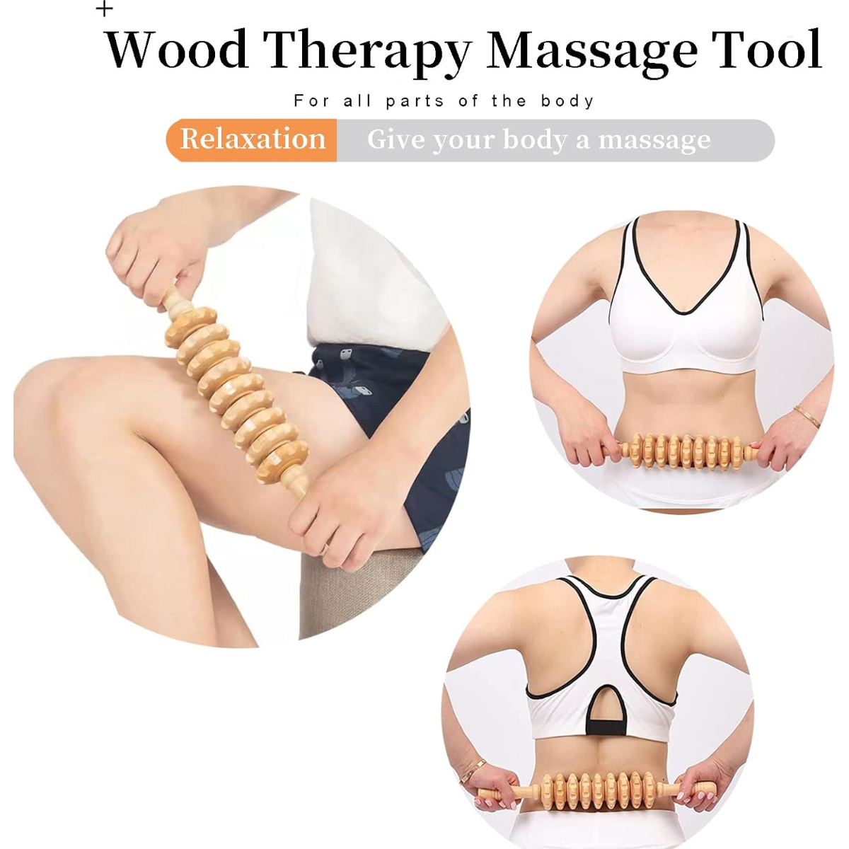 Holz-Massagewerkzeug wird an Oberschenkel, Bauch und Rücken verwendet.