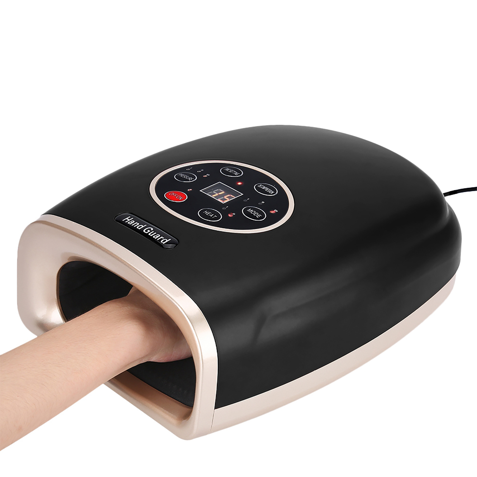 Ein schwarzes und goldenes Handmassagegerät mit digitalem Display und einer Hand im Inneren vor weißem Hintergrund.