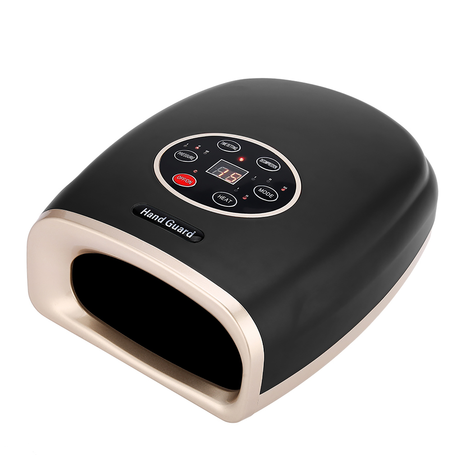 Schwarzes Handmassagegerät mit goldener Verkleidung, digitalem Display und runden Bedientasten.
