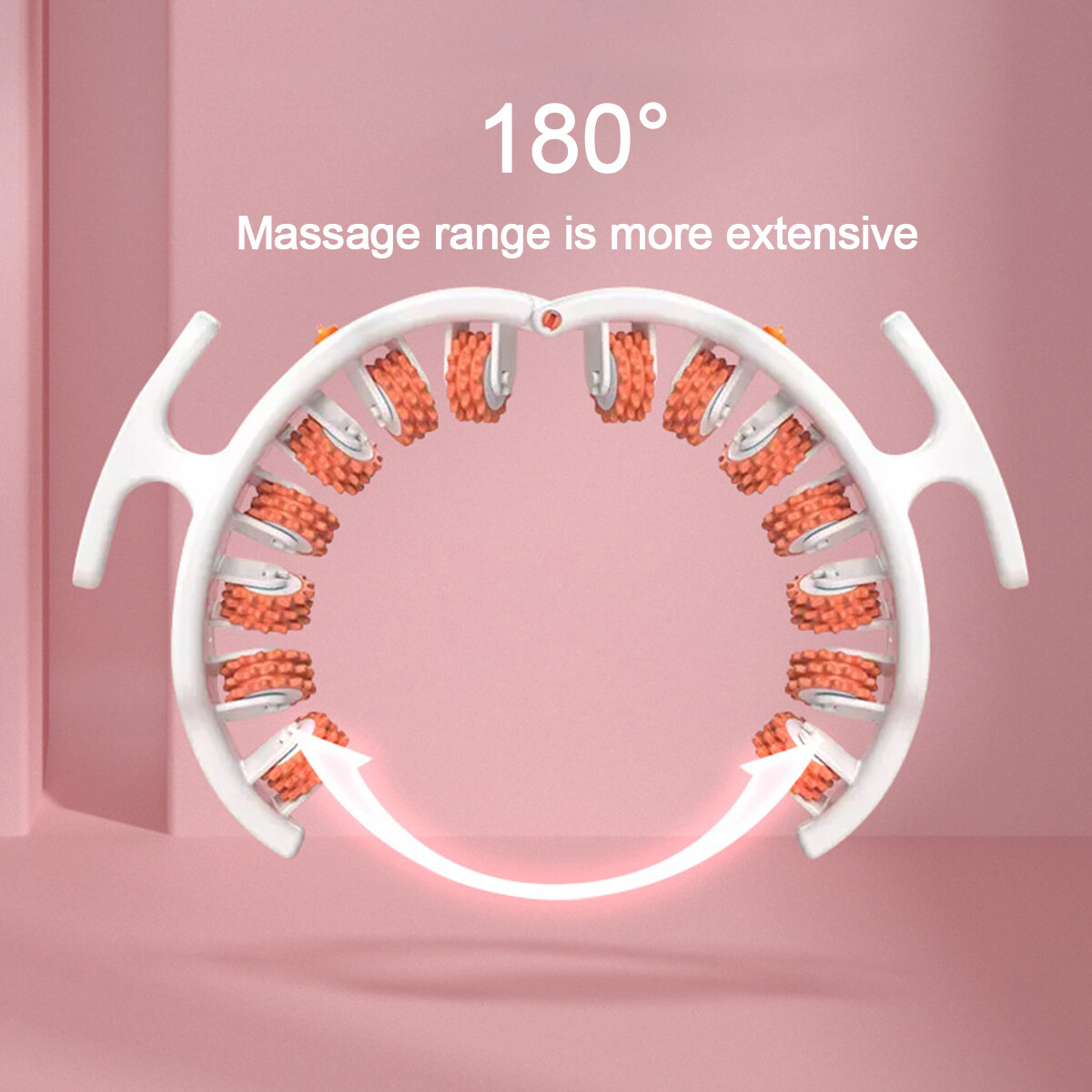 Weißes Massagegerät mit orangen Rollen und einem Text 180 Grad.