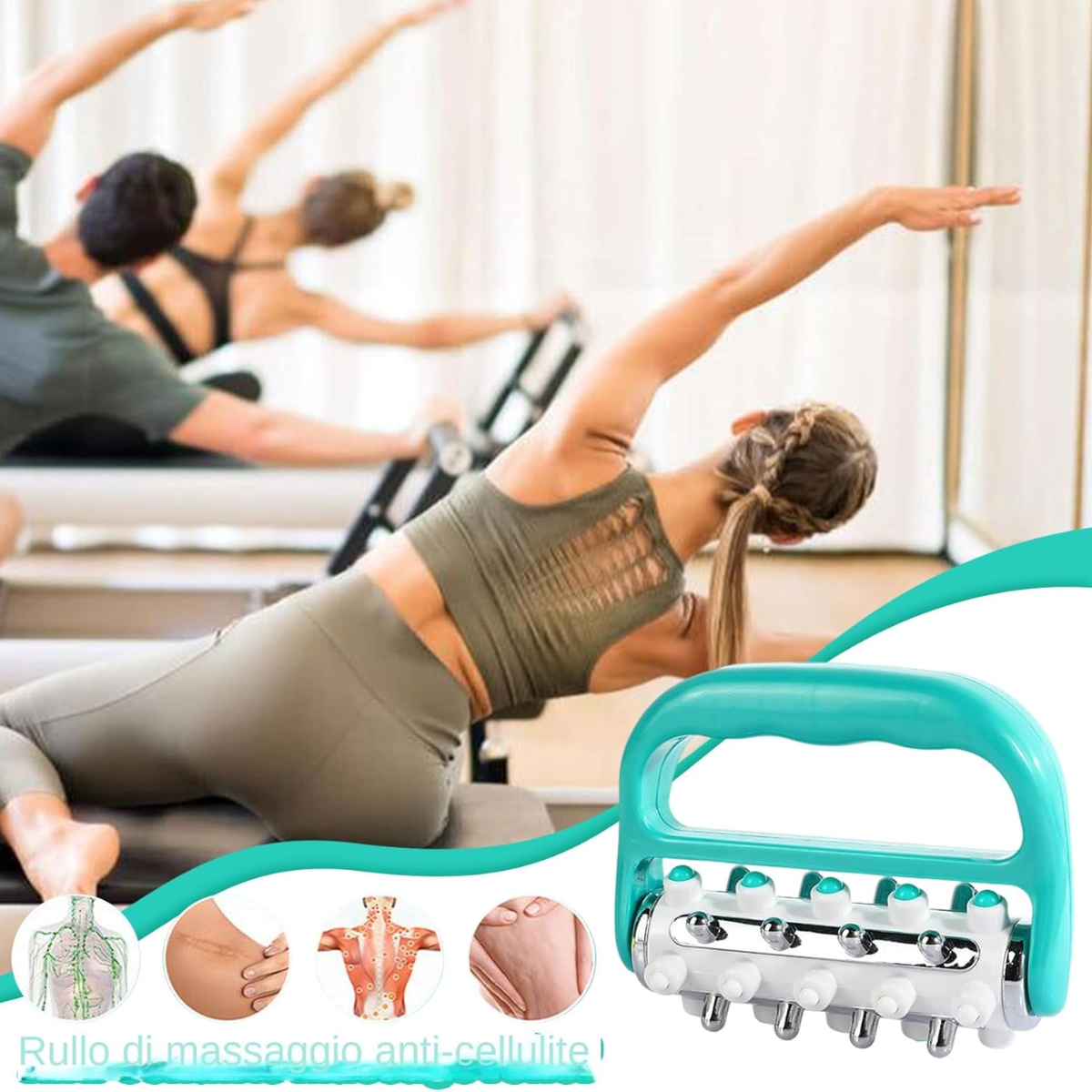 Antizellulite-Massageroller mit türkisfarbenem Griff und Rollen, im Hintergrund Menschen beim Pilates.