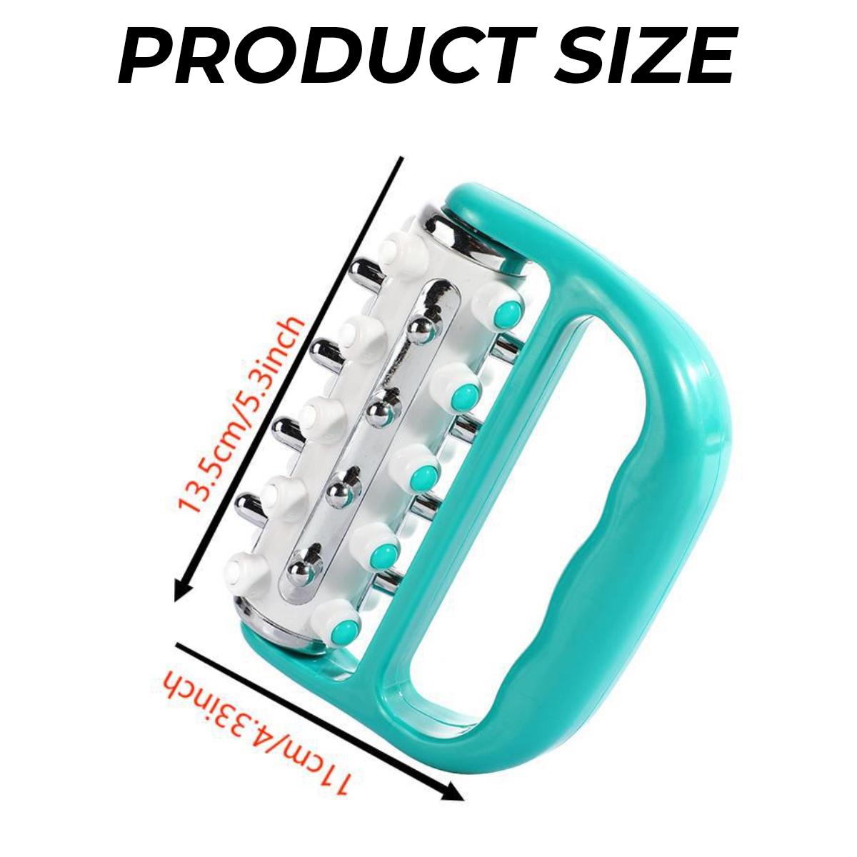 Türkis-weißer Handmassagegerät mit Maßen 13.5cm x 11cm gegen weißem Hintergrund.