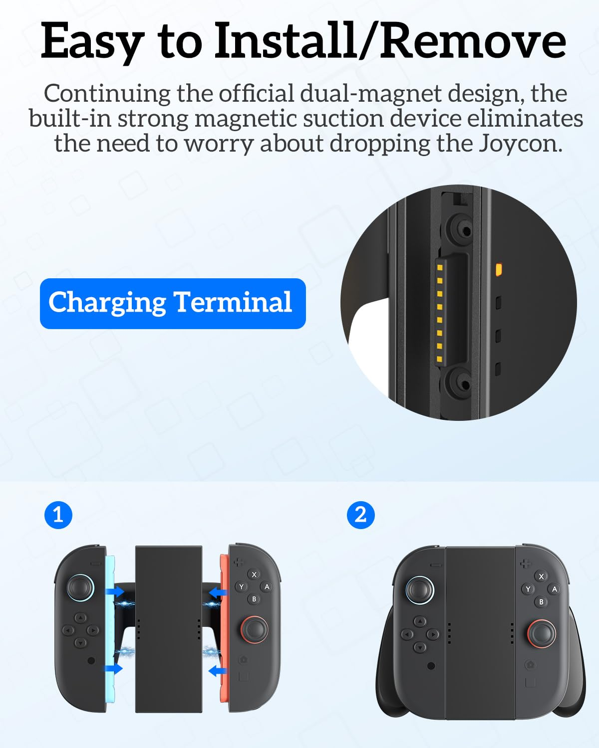 Produktwerbung zeigt einfache Joy-Con-Installation mit Magnetsauger und Ladeanschluss.
