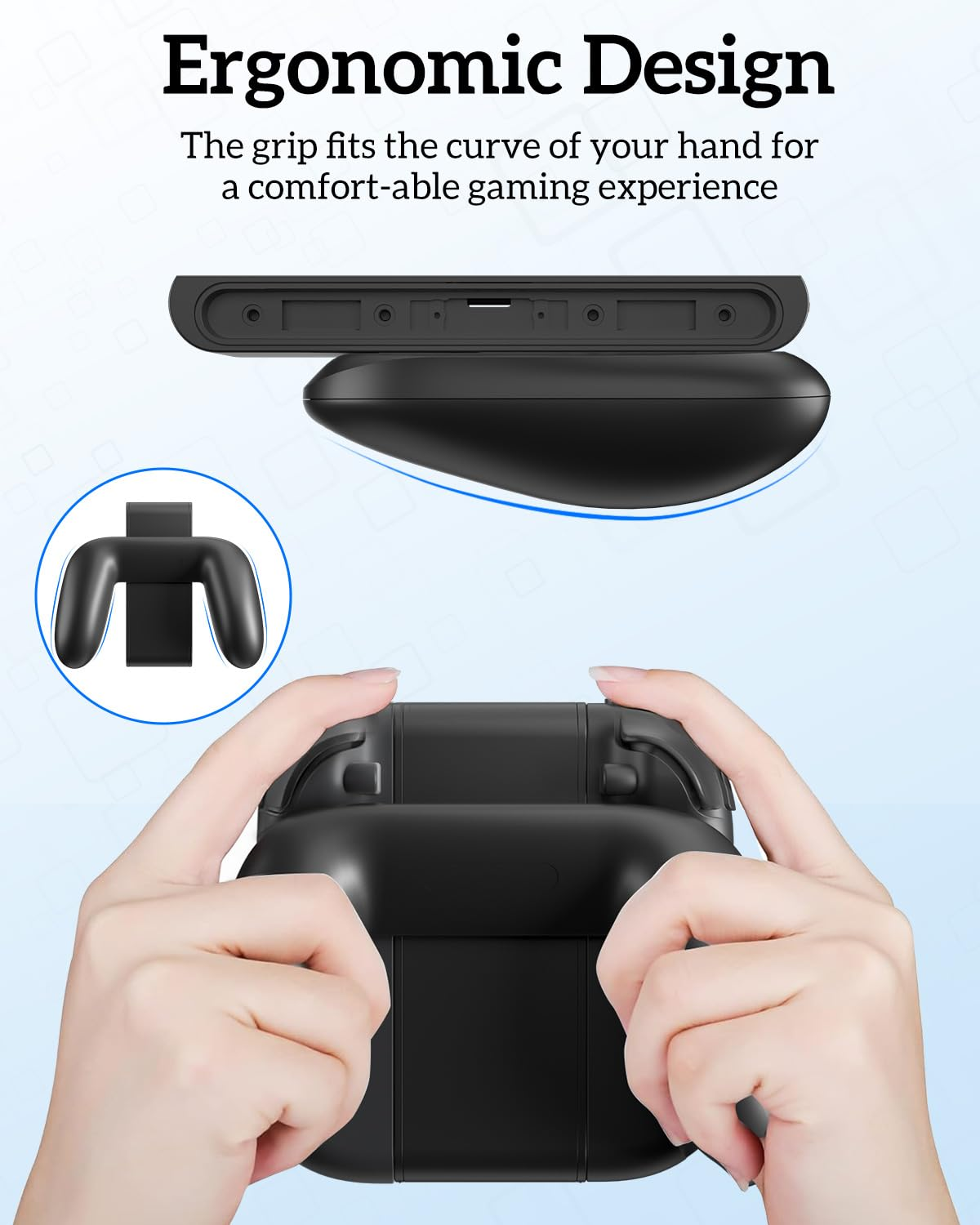 Ergonomischer schwarzer Gaming-Griff, der bequem in Händen gehalten wird, mit Text darüber.