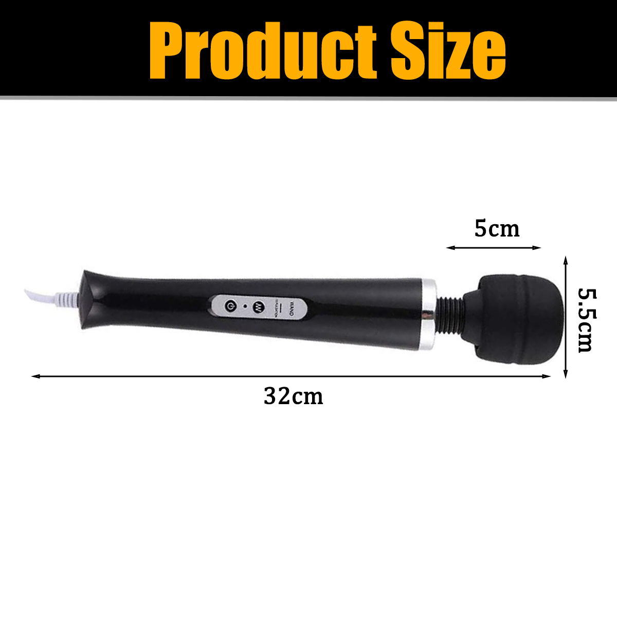 Schwarzer Massage-Zauberstab mit Abmessungen: 32 cm lang, Kopfbreite 5 cm, Kopfhöhe 5,5 cm.
