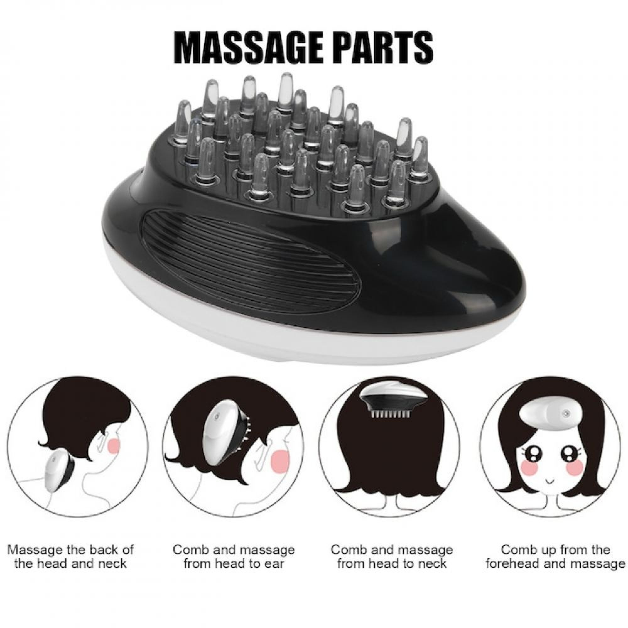 Schwarzes und weißes Kopfmassagegerät mit Noppen und vier Anleitungsbildern.