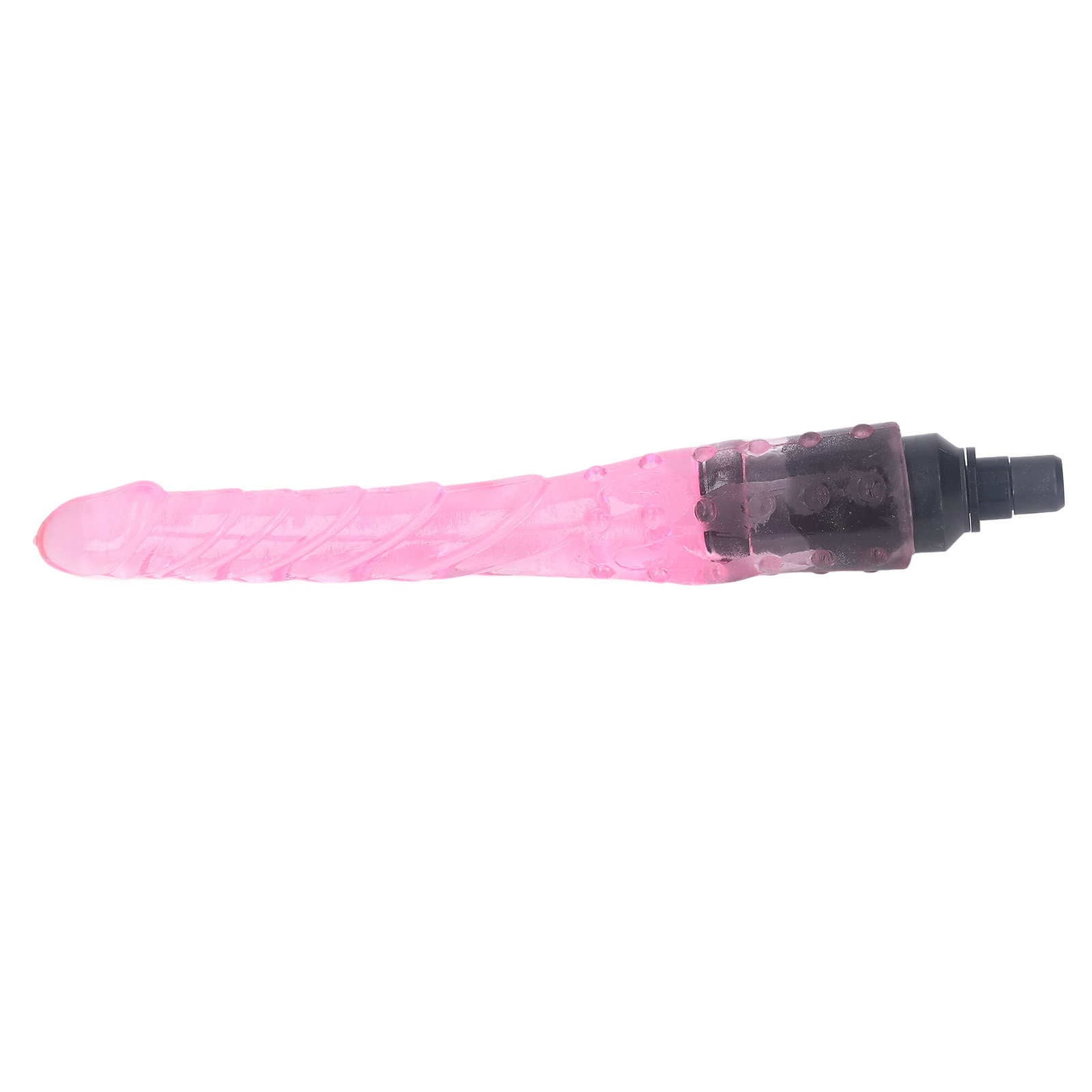 Ein langer, pinker, gerillter Dildo mit einem schwarzen Griff an einem weißen Hintergrund.