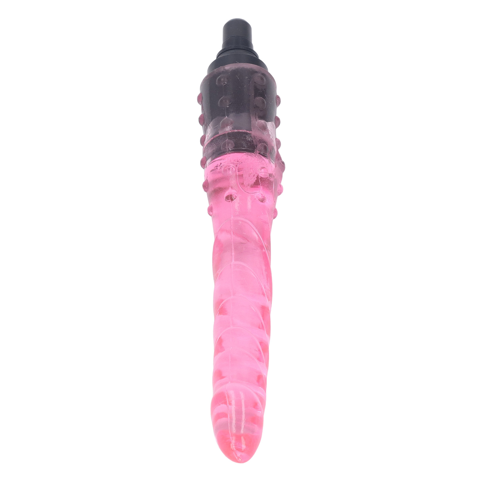 Ein rosa und schwarzes, strukturiertes Sexspielzeug aus Silikon mit spitzer Spitze vor weißem Hintergrund.