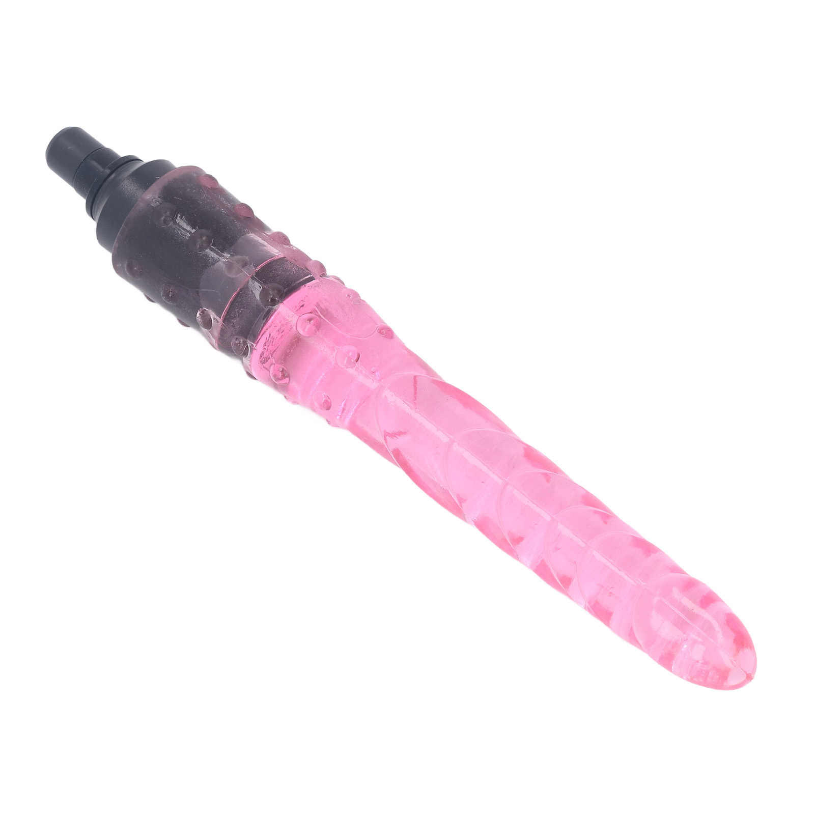 Ein längliches, rosafarbenes Sextoy mit schwarzem Griff und Noppenstruktur auf weißem Hintergrund.