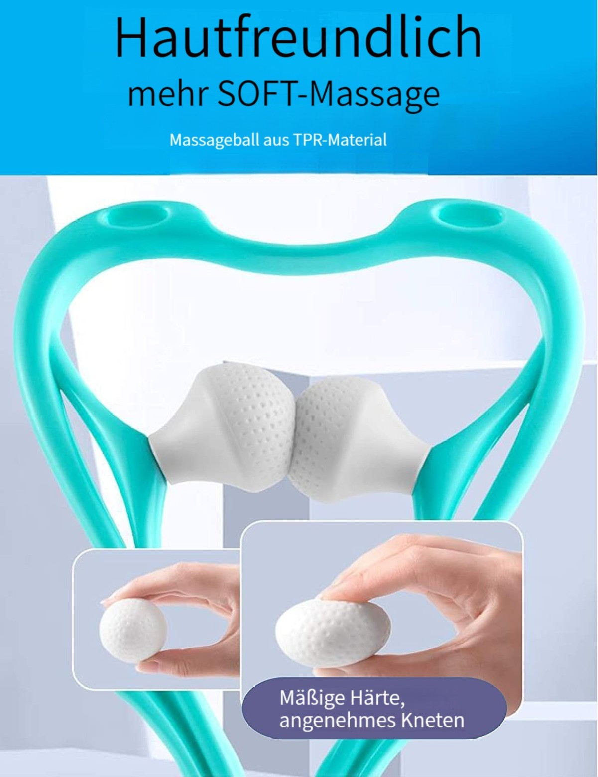 Grünes Nackenmassagegerät mit zwei weißen Massagebällen und Händen, die einen Ball drücken.