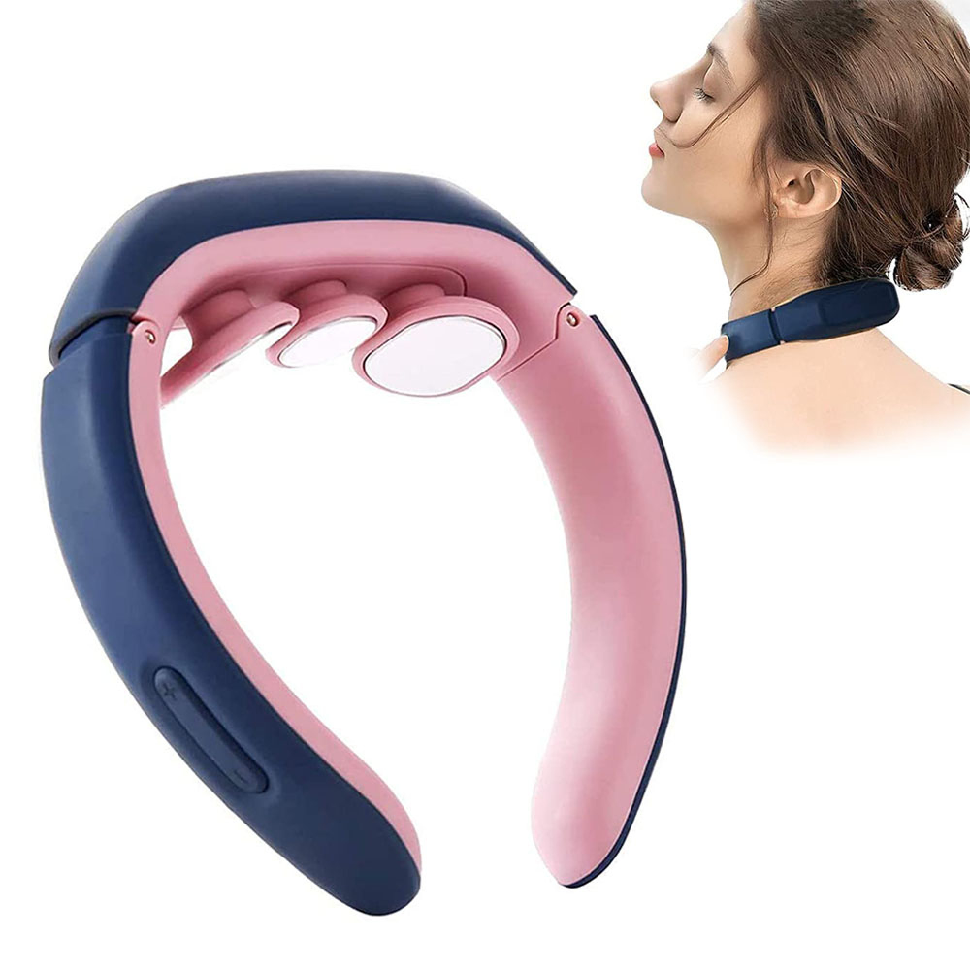 Ein blau-rosafarbenes Nackenmassagegerät mit Metallknoten und eine Frau, die es um den Nacken trägt.