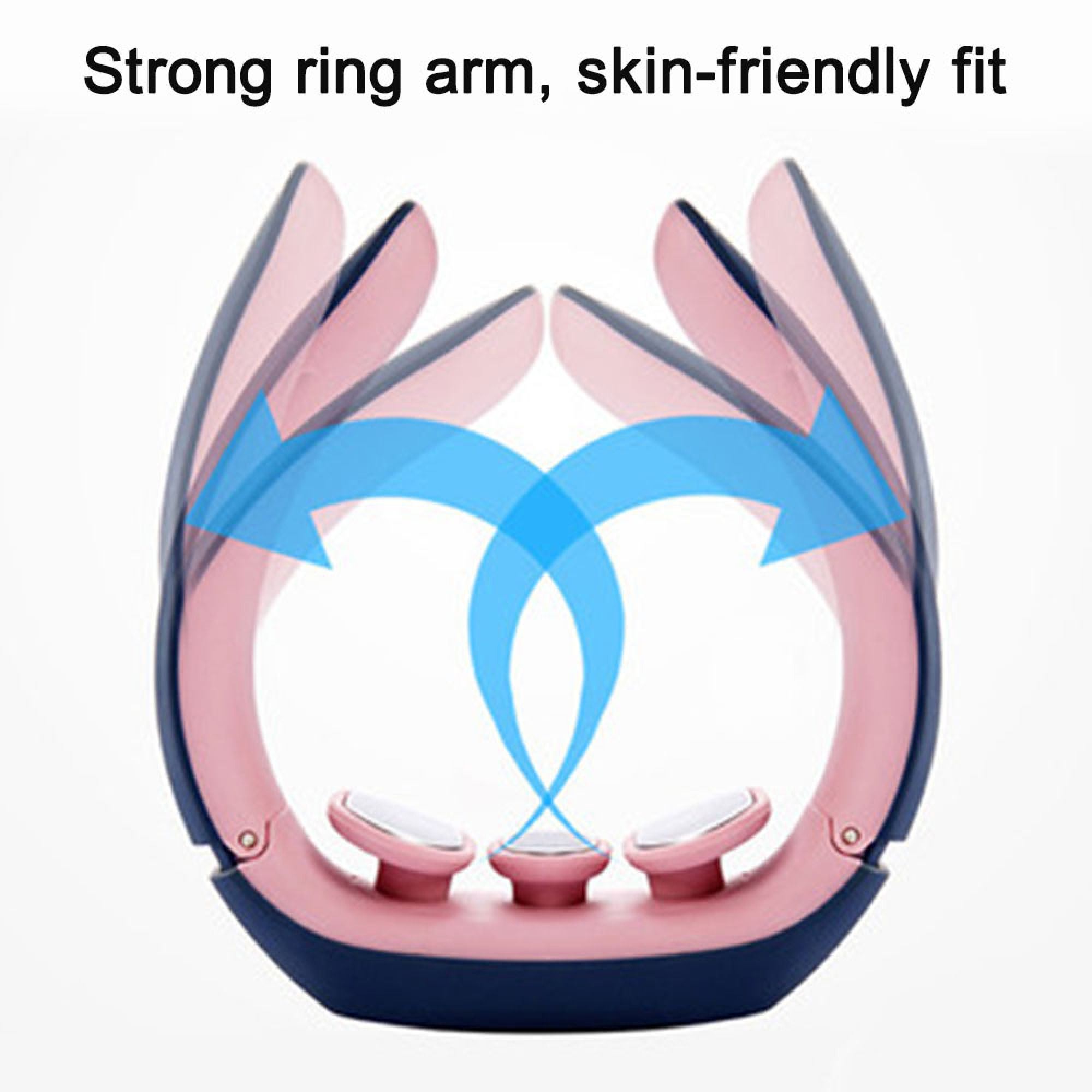 Rosa und blauer Nackenmassager zeigt flexible Armbewegung mit blauen Pfeilen.